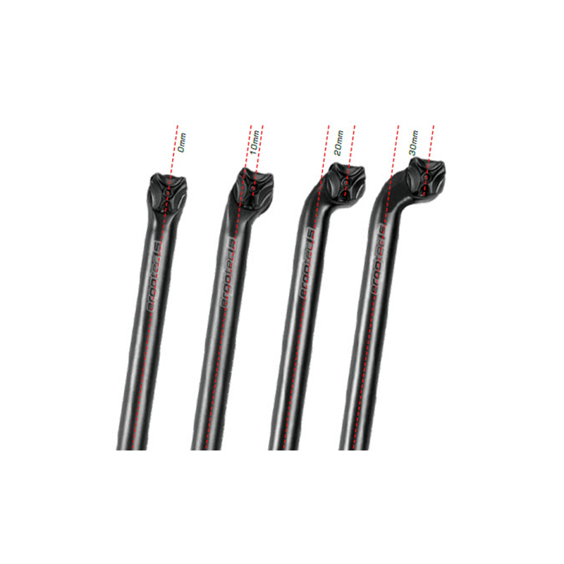 vier Patentsattelstützen von Ergotec Modell Viper mit Offset 0, 10, 20 und 30 mm in schwarz