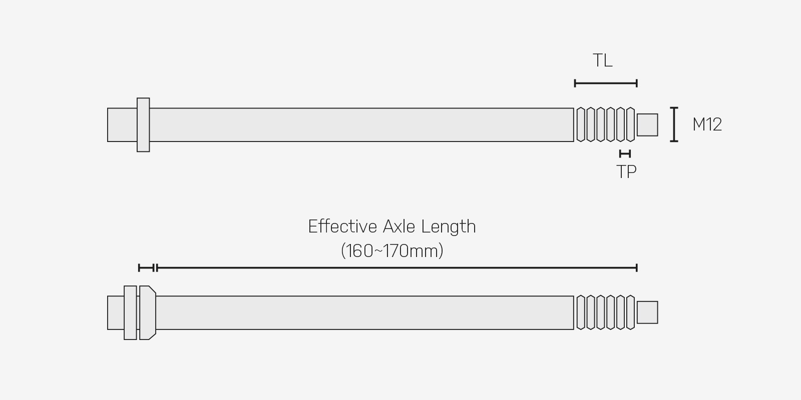 Axe traversant Topeak Zi:RAK, dessin avec cotes de longueur effecive, longueur de filetage et pas