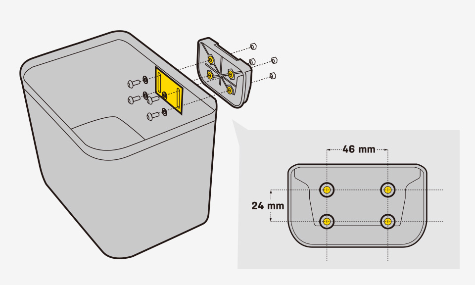 Topeak Fixer 9 Montageplatte mit Lochabstaenden 46x24 mm an einem Korb.