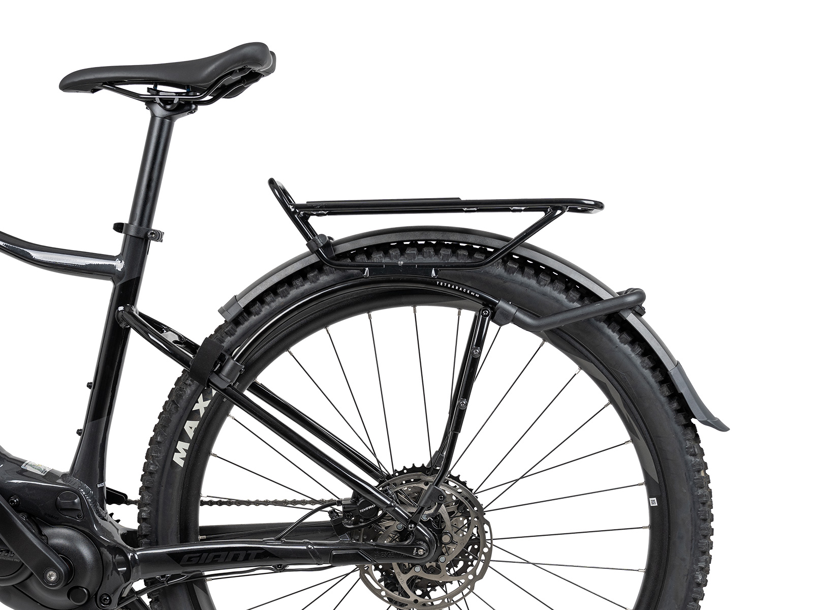 Topeak TetraRack Full Fender M2 Schutzblech in Schwarz, Seitenansicht am Fahrrad mit stabiler Befestigung.