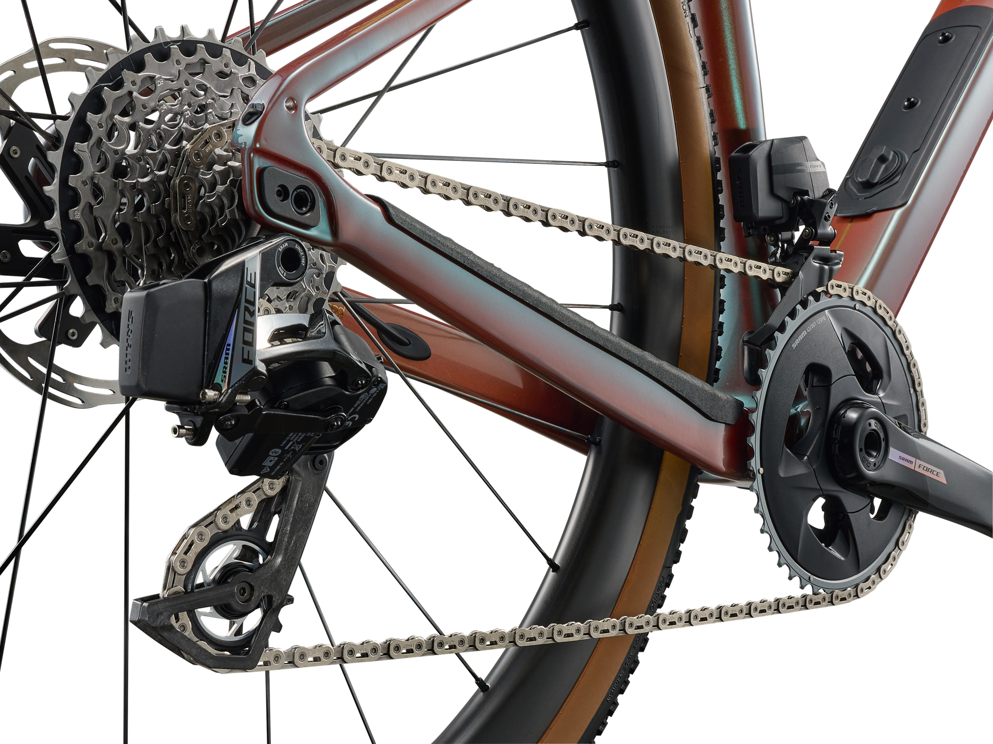 Liv Damen-Gravelbike Devote Advanced Pro mit Carbon-Rahmen, -Gabel und -Laufrädern in rotbraun mit goldener Aufschrift, Detailansicht Hinterbau mit Blick auf Schaltung