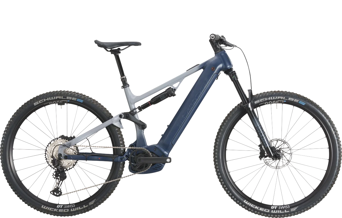 ergstrom AXV 849 E-Mountainbike Fully in dunkelblau-hellblau matt mit vollgefederter Rahmen und integriertem Akku.