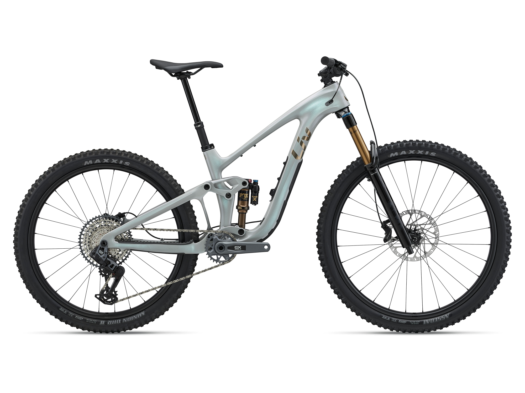 Liv Intrigue X Advanced 1 Trail-Mountainbike in Supernova Grey mit Vollfederung und Federgabel.