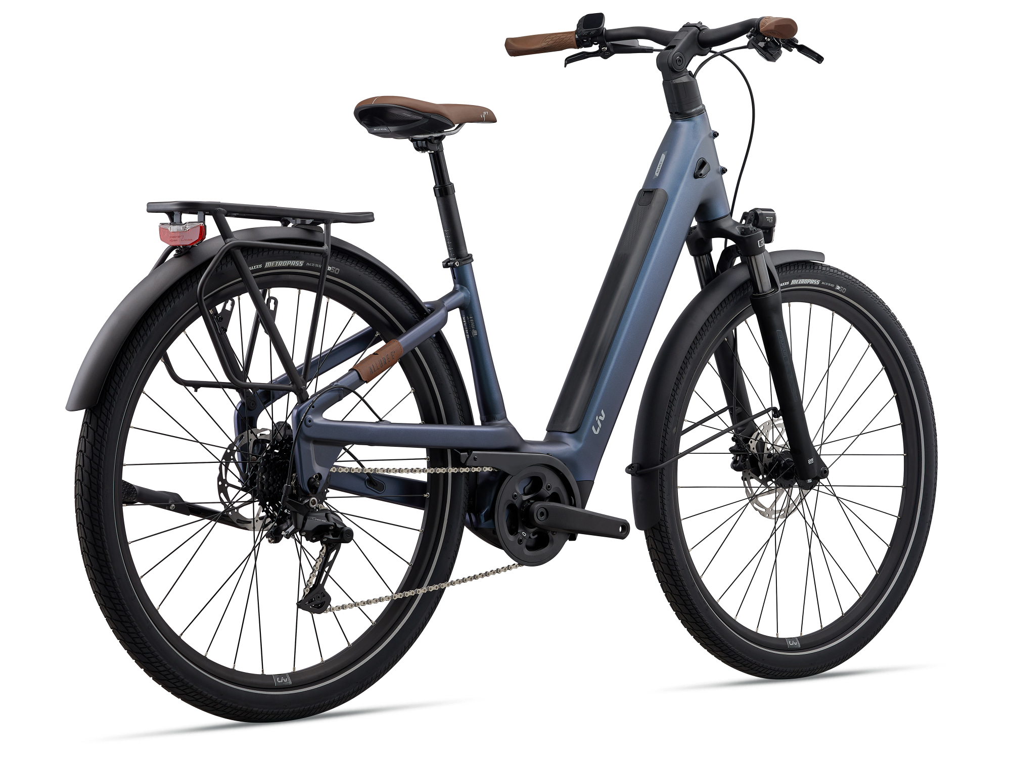 Vélo électrique Liv Allure E+ 2 en bleu turquoise foncé, vue trois-quarts arrière droit