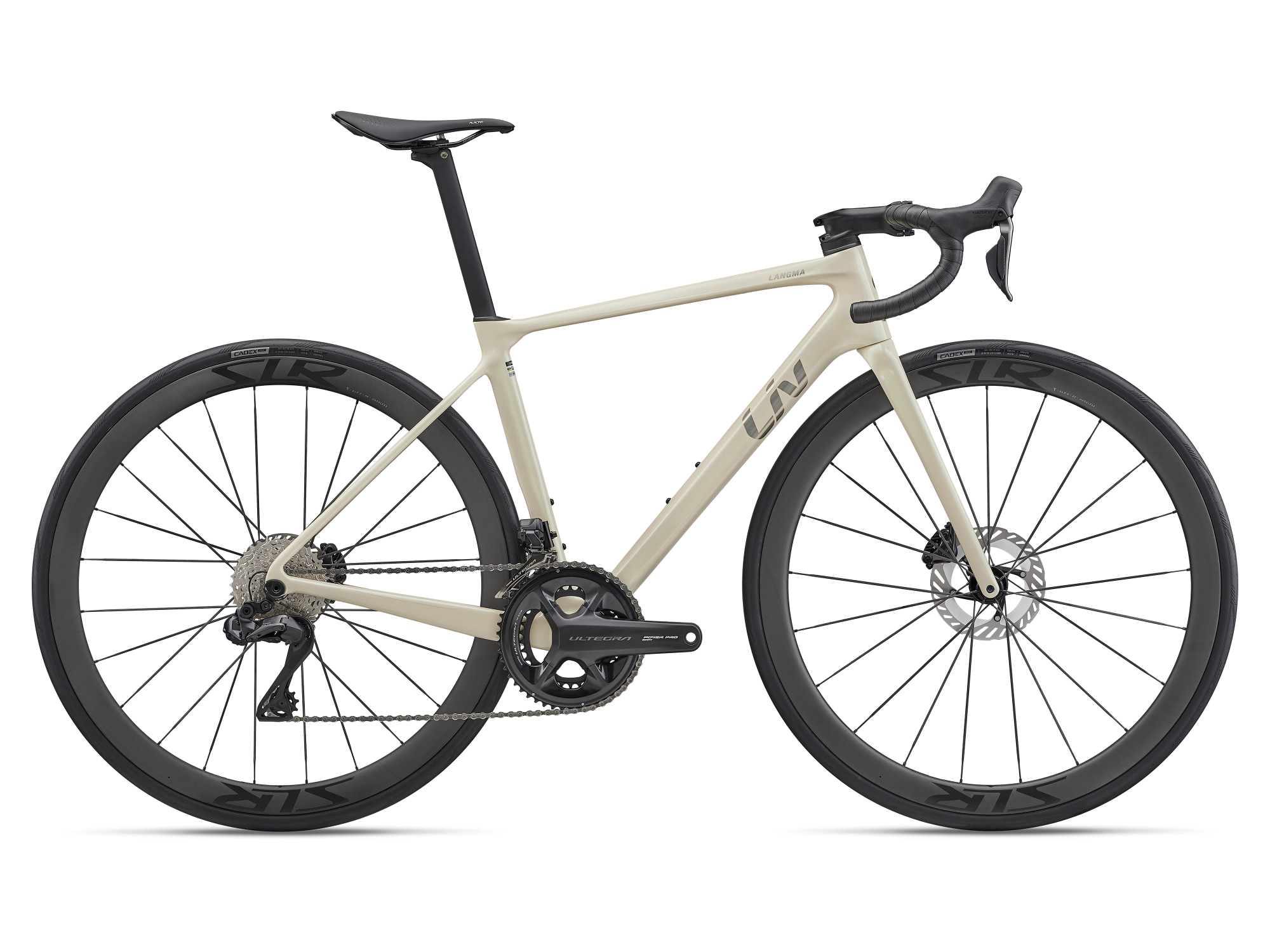 Liv Langma Advanced Pro 0 QOM Rennvelo in Desert Pearl mit Carbonrahmen und Scheibenbremsen in Seitenansicht