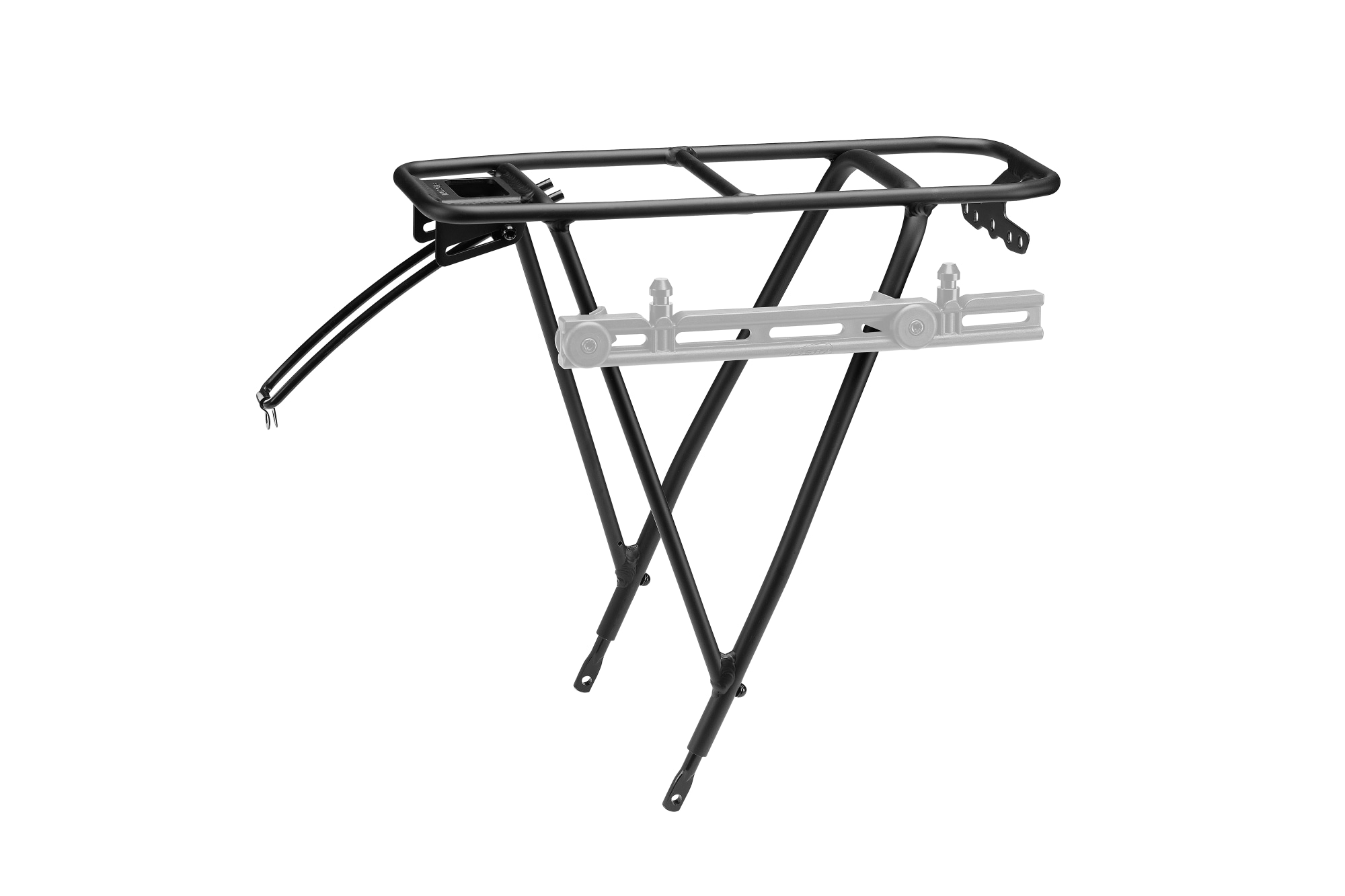 Schwarzer Giant Rack-It Lite Gepäckträger aus Aluminium mit seitlichen Streben und Befestigungspunkten, auf weissem Hintergrund.
