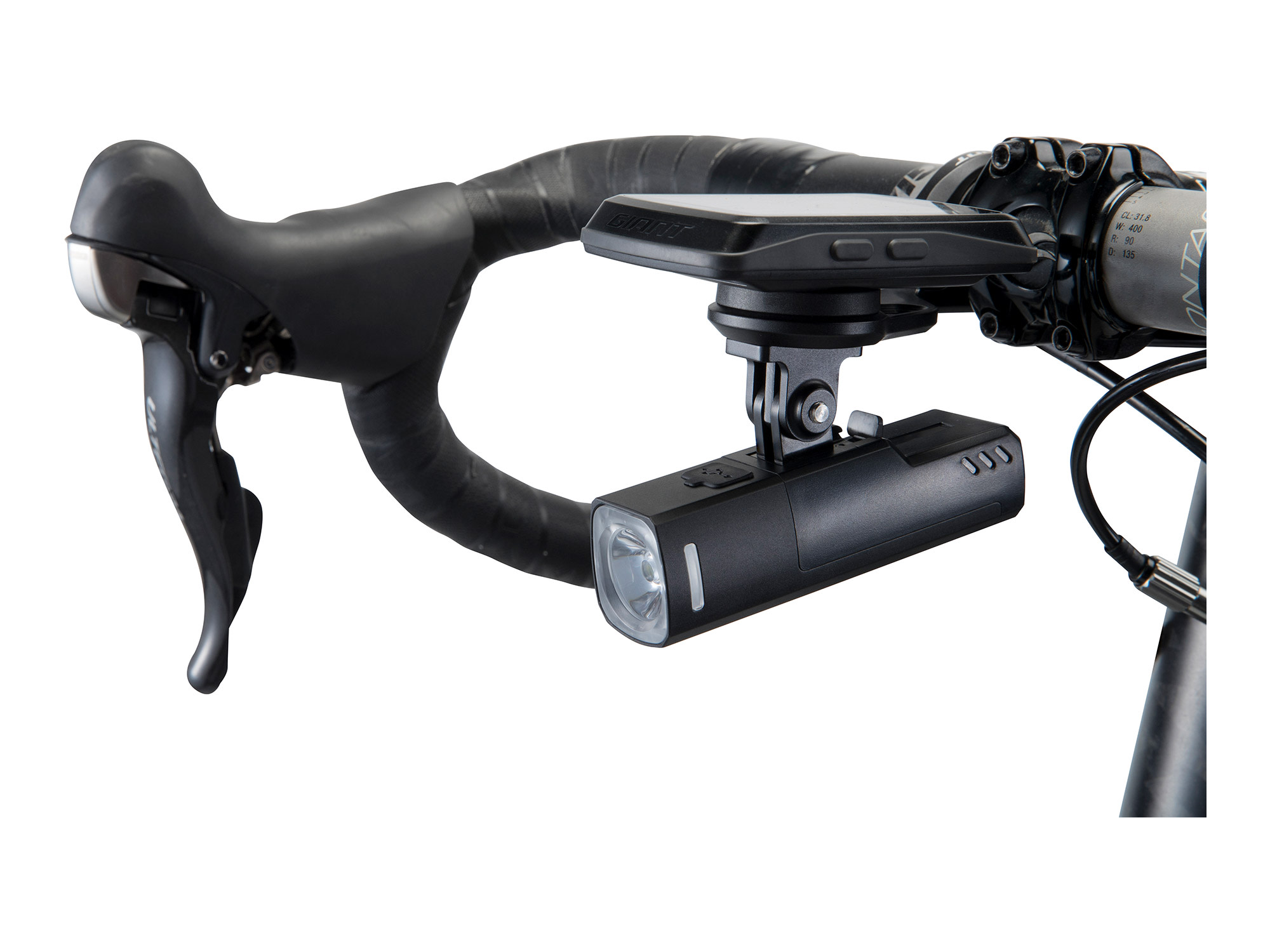 Giant Recon GoPro Lenkerhalterung in Schwarz mit Frontlicht unter Fahrradlenker in Seitenansicht.