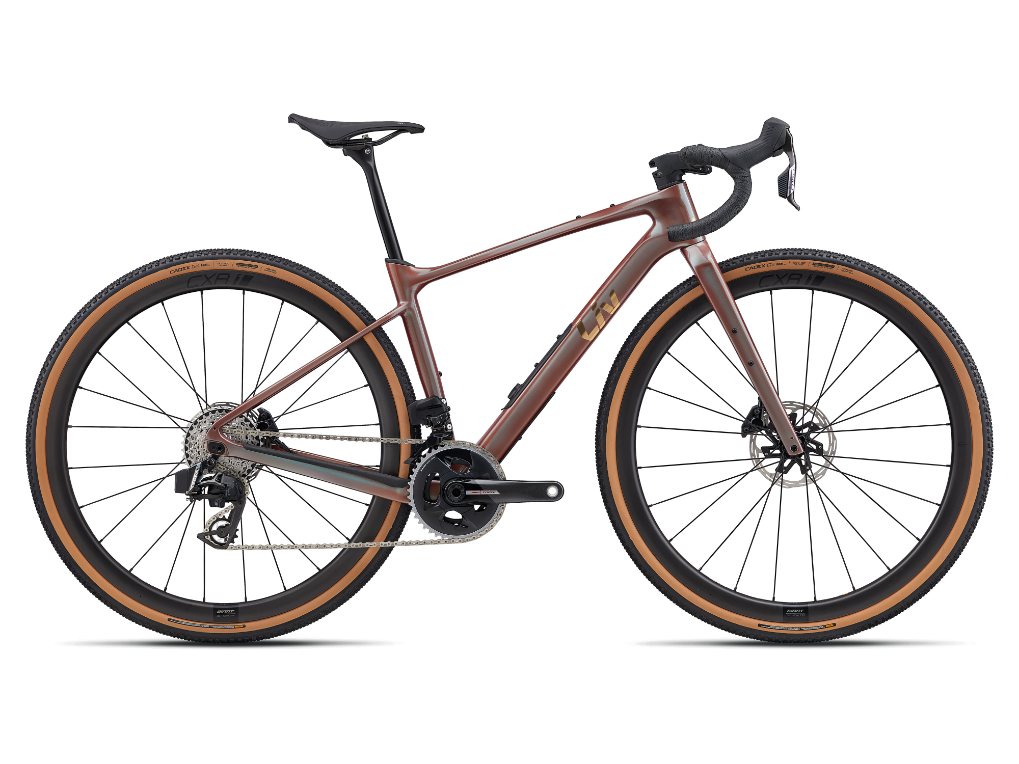 Liv Damen-Gravelbike Devote Advanced Pro mit Carbon-Rahmen, -Gabel und -Laufrädern in rotbraun mit goldener Aufschrift, Seitenansicht
