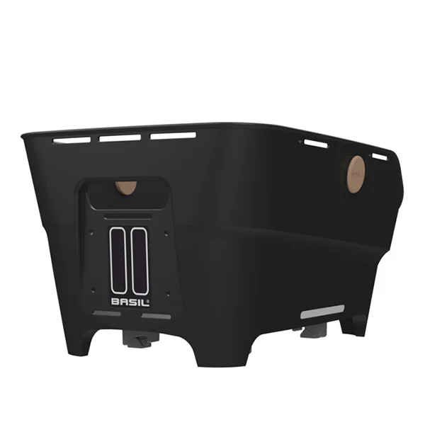  Perspektivische Rückansicht des Basil Cento Neo WSL Velokorbs in Schwarz, mit WSL-System und Standfüssen.