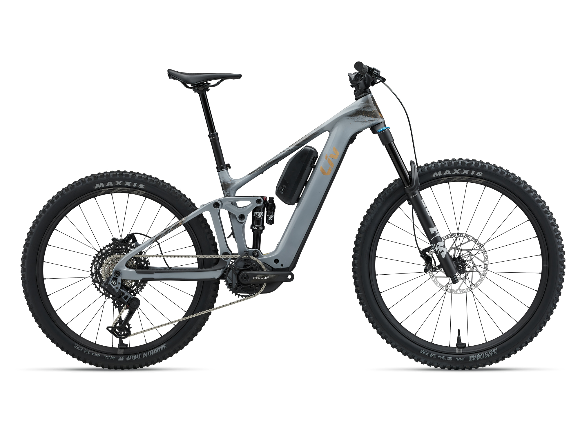 Liv Intrigue X Advanced E+ 1 E-Mountainbike in Stardust Grey mit integriertem Akku in Seitenansicht.
