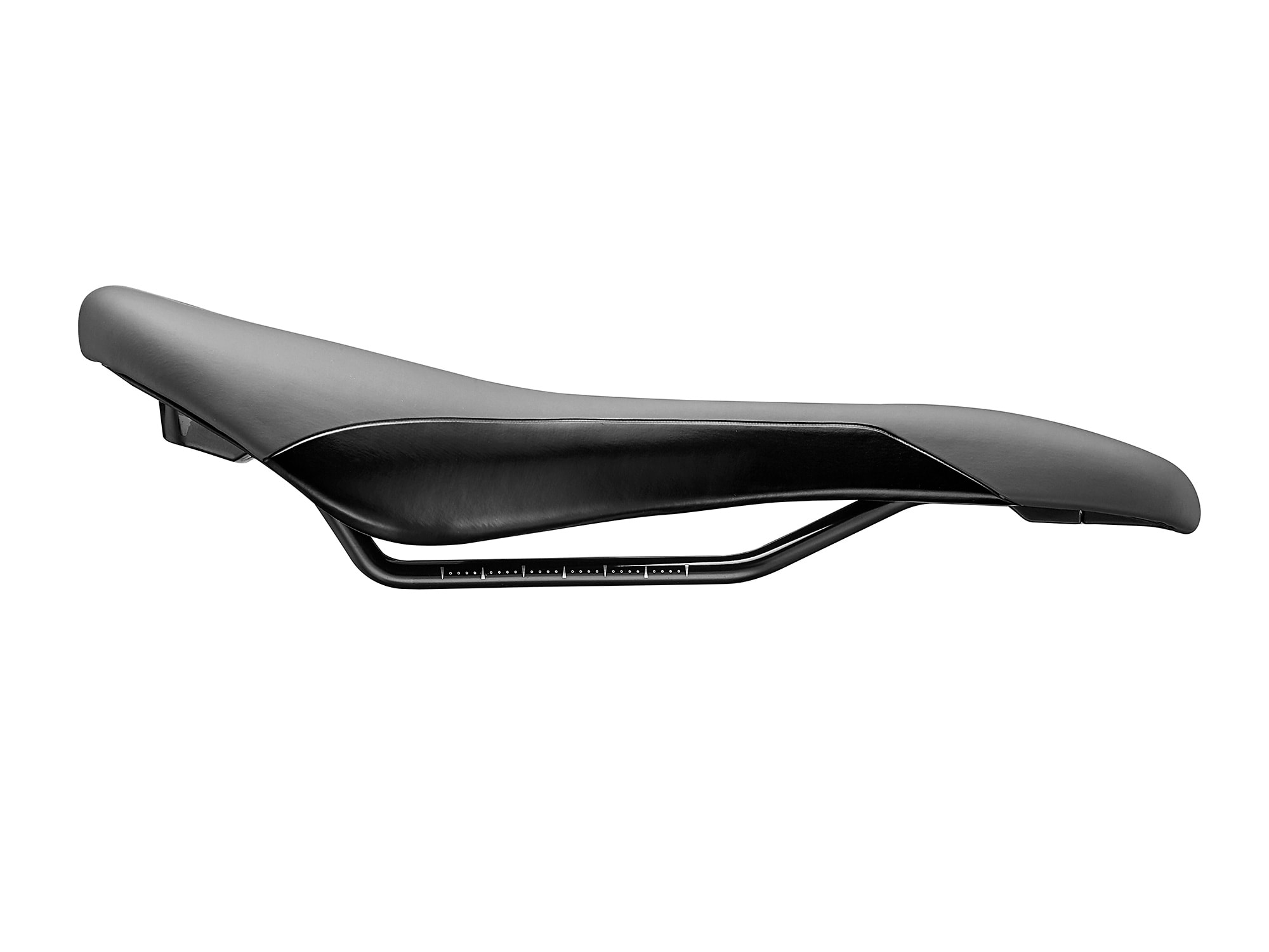  Liv Sylvia Fahrradsattel in Schwarz mit schmaler Silhouette und robusten Streben in Seitenansicht