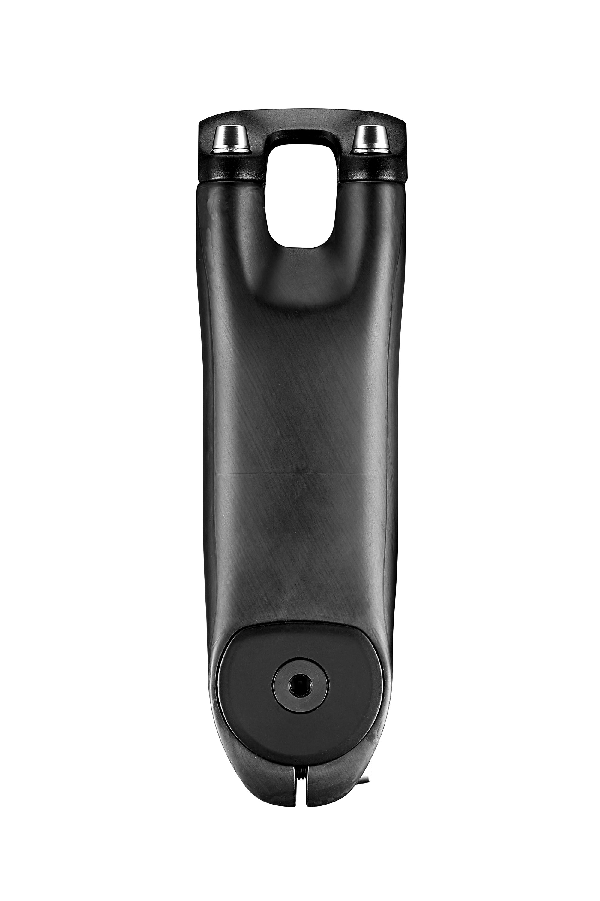 Giant Contact SLR Aerolight Carbonvorbau in Draufsicht, glatte Oberfläche mit zwei seitlichen Schrauben und Kabeldurchgang, auf weissem Hintergrund.