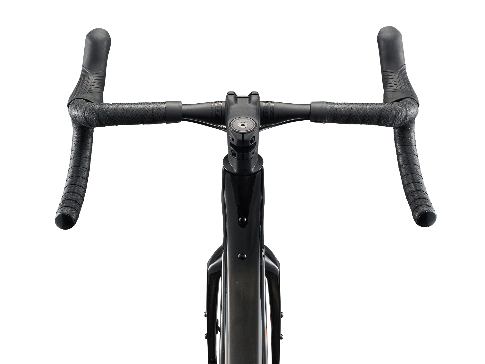 Gravelbike der Marke Giant, Modell Revolt Advanced 2 in dunklem schwarz, Detailansicht auf die Lekeinheit von oben