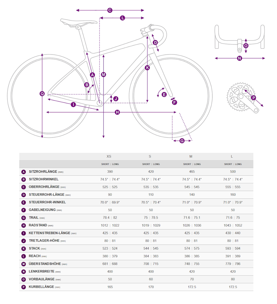 Geometriedaten in Tabellenform mit Legende für das Liv Devote Advanced Pro Gravelbike