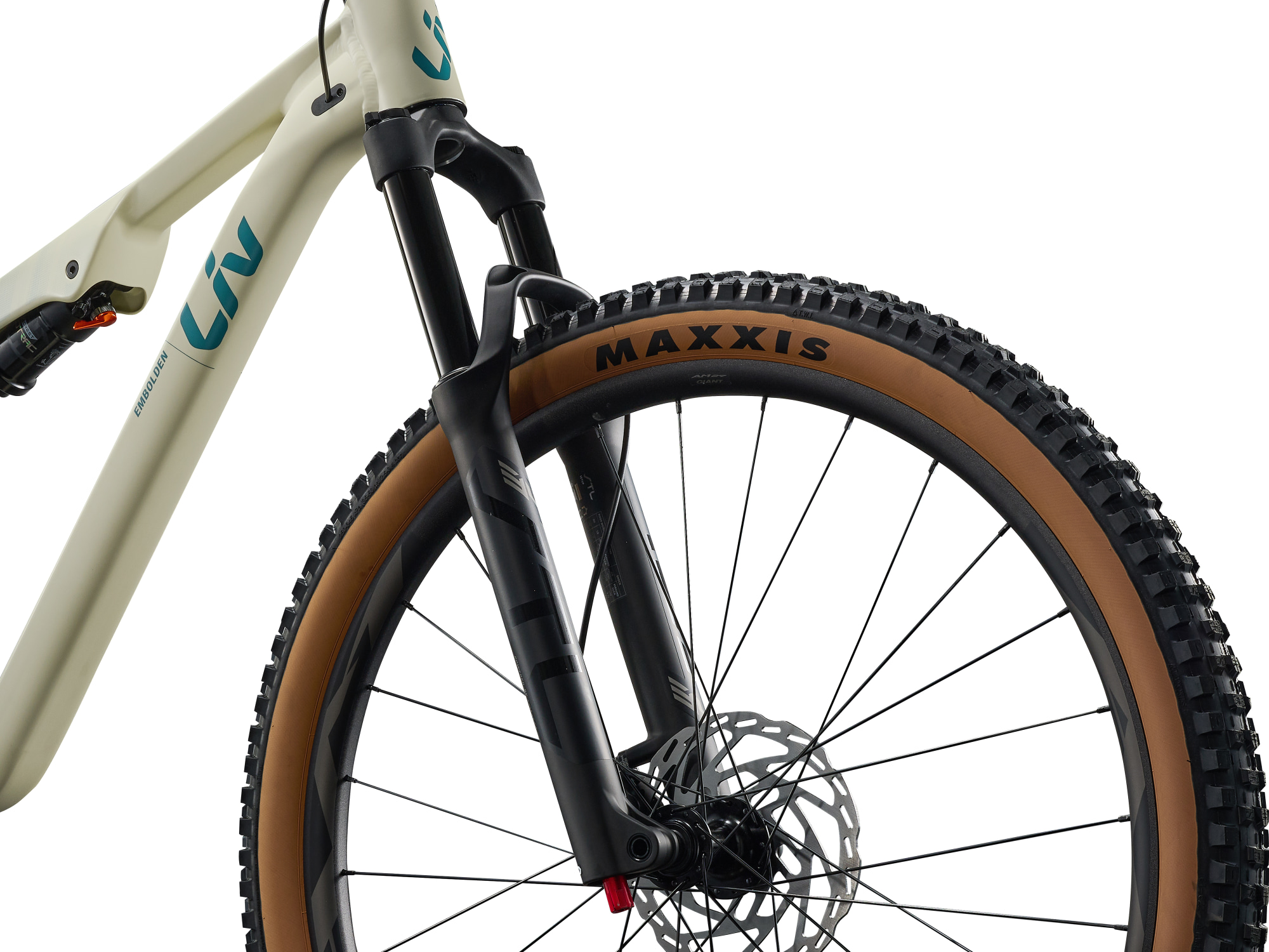 Liv Embolden Mountainbike in Pale Moss mit Federgabel und Maxxis-Reifen in Detailansicht.