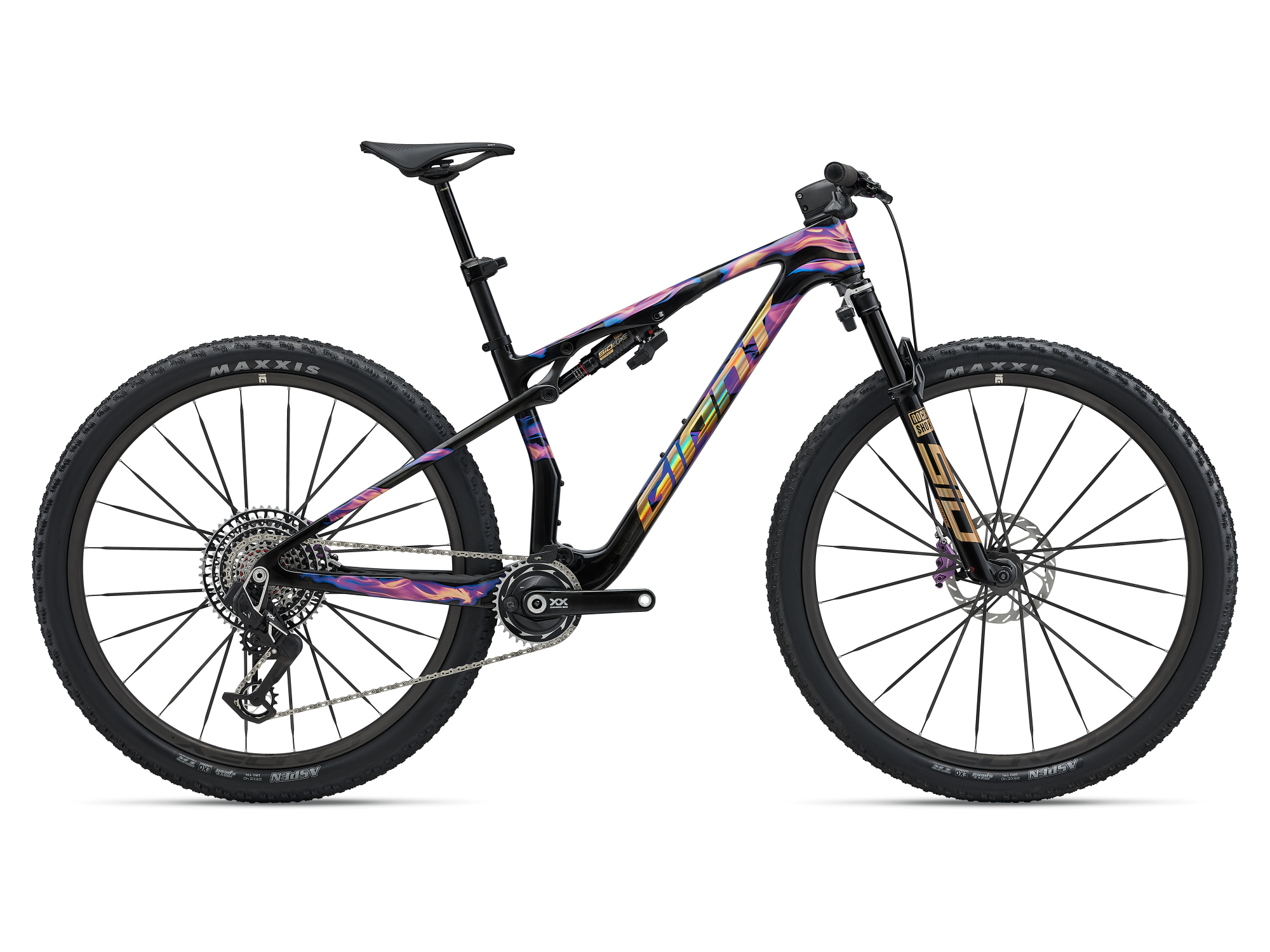 Giant Anthem Advanced SL SE Mountainbike in Stormfire Sprint in Seitenansicht mit Federgabel.