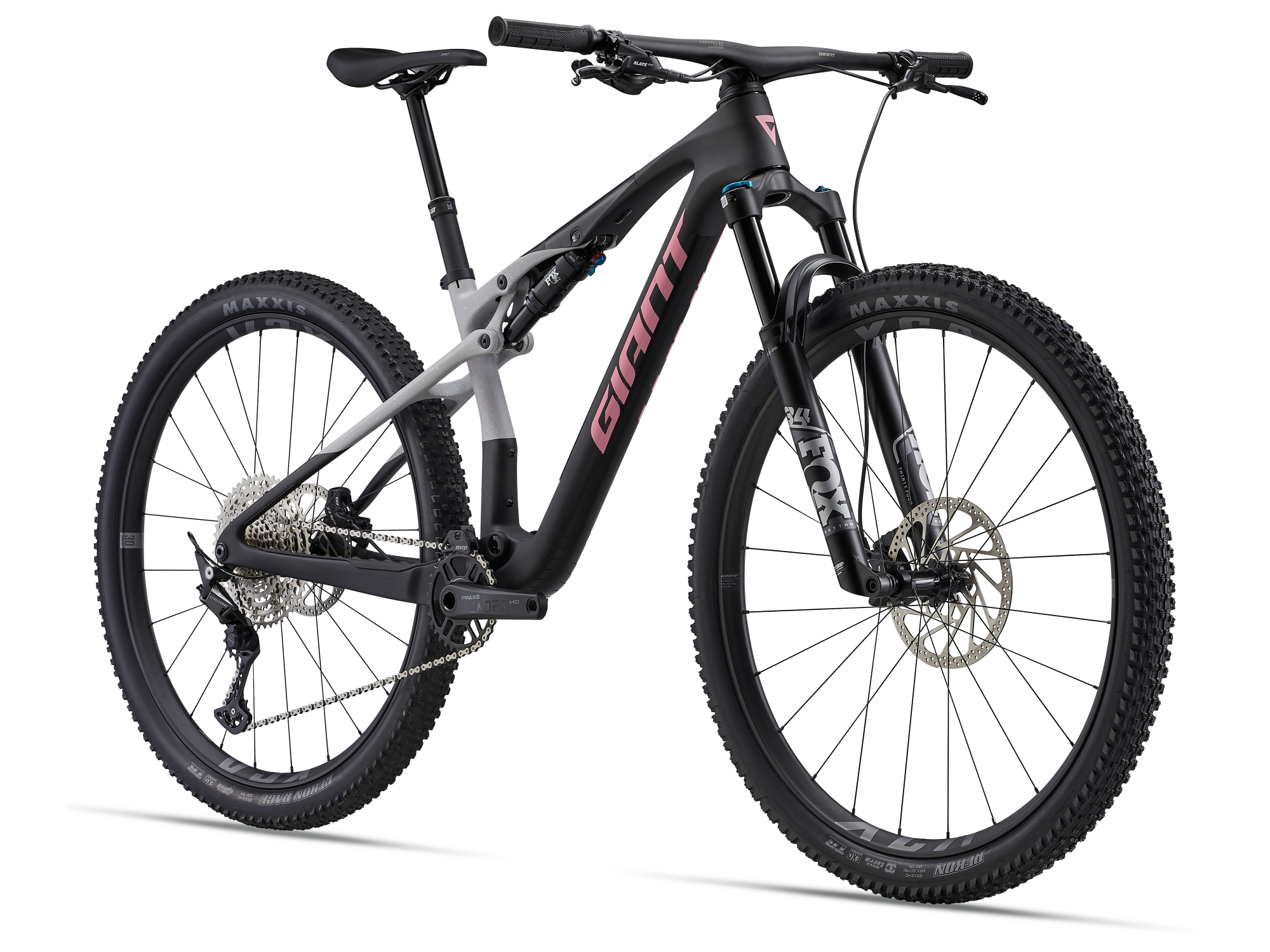 Giant Anthem X Advnaced SL 3 Fullsuspension MTB aus Carbon in hell- dunkelgrau mit rosa Aufschrift, Anischt von schräg vorne