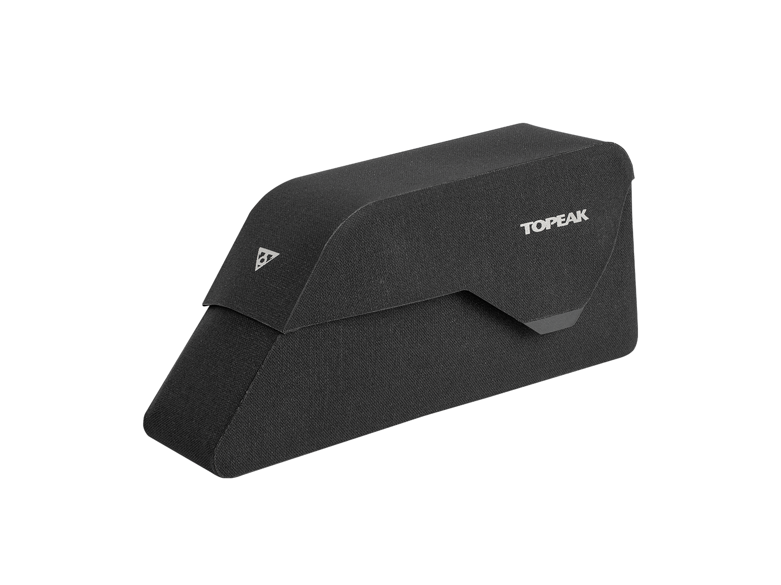 Perspektivansicht der Topeak Toploader Dryshell Rahmentasche, wasserabweisendes Material und Klettbefestigung sichtbar.