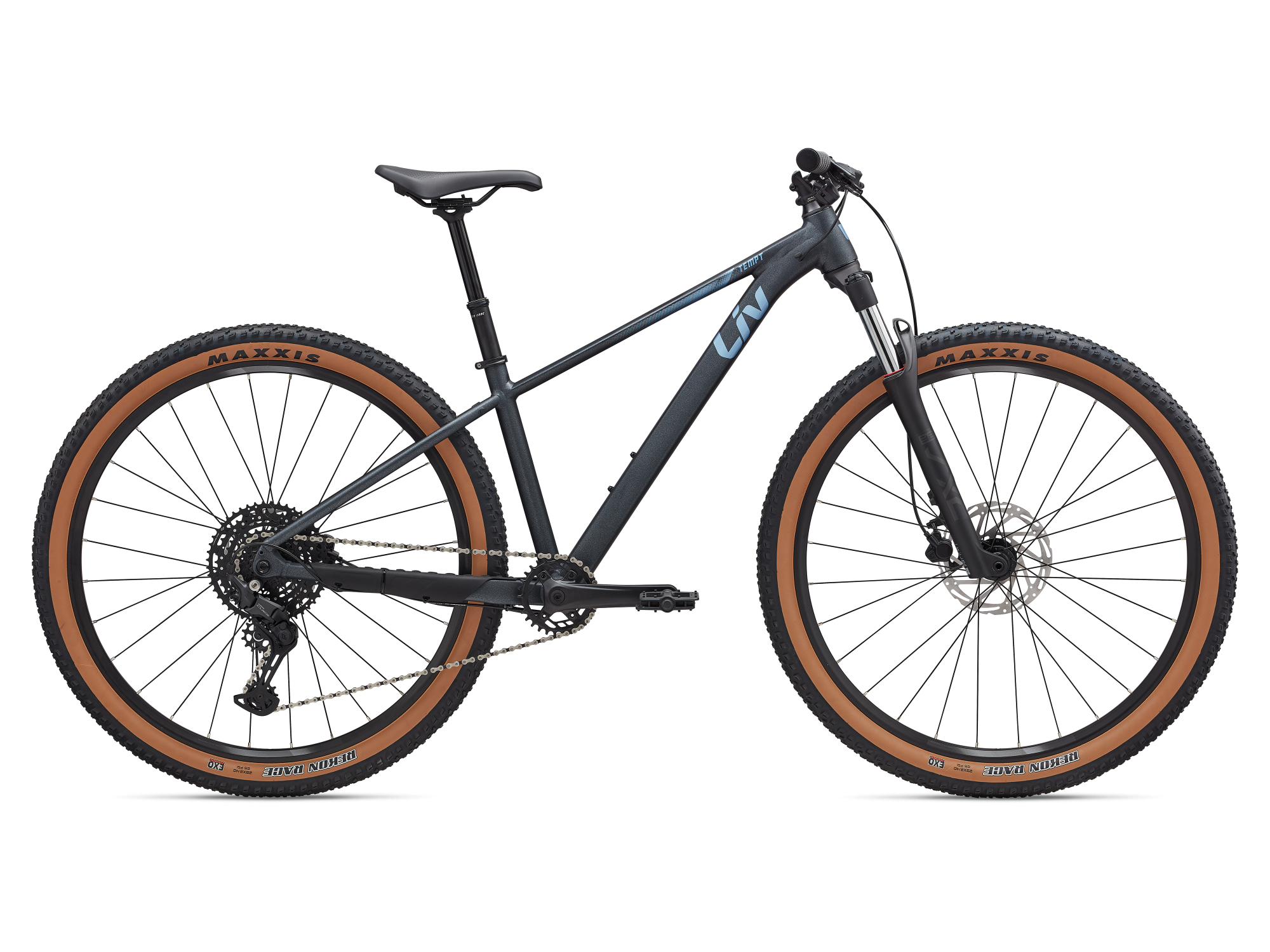 Liv Damen-MTB Hardtail in dunklem grau mit hellblauer Aufschrift, Seitenansicht