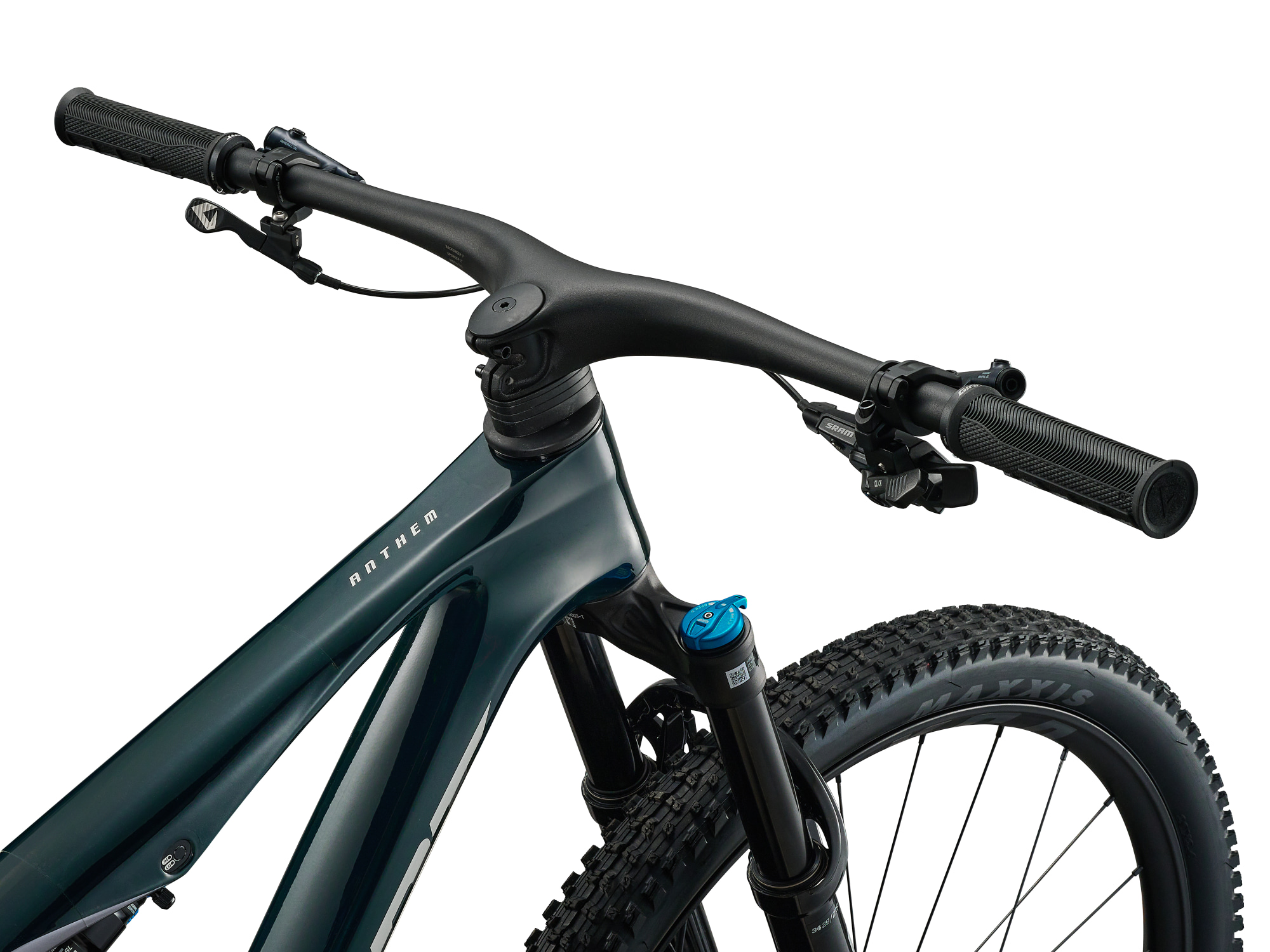 Giant Anthem Advanced SL 2 Full-Suspension MTB aus Carbon in dunkelgründ-silber, Detailansicht Lenkereinheit von schräg oben