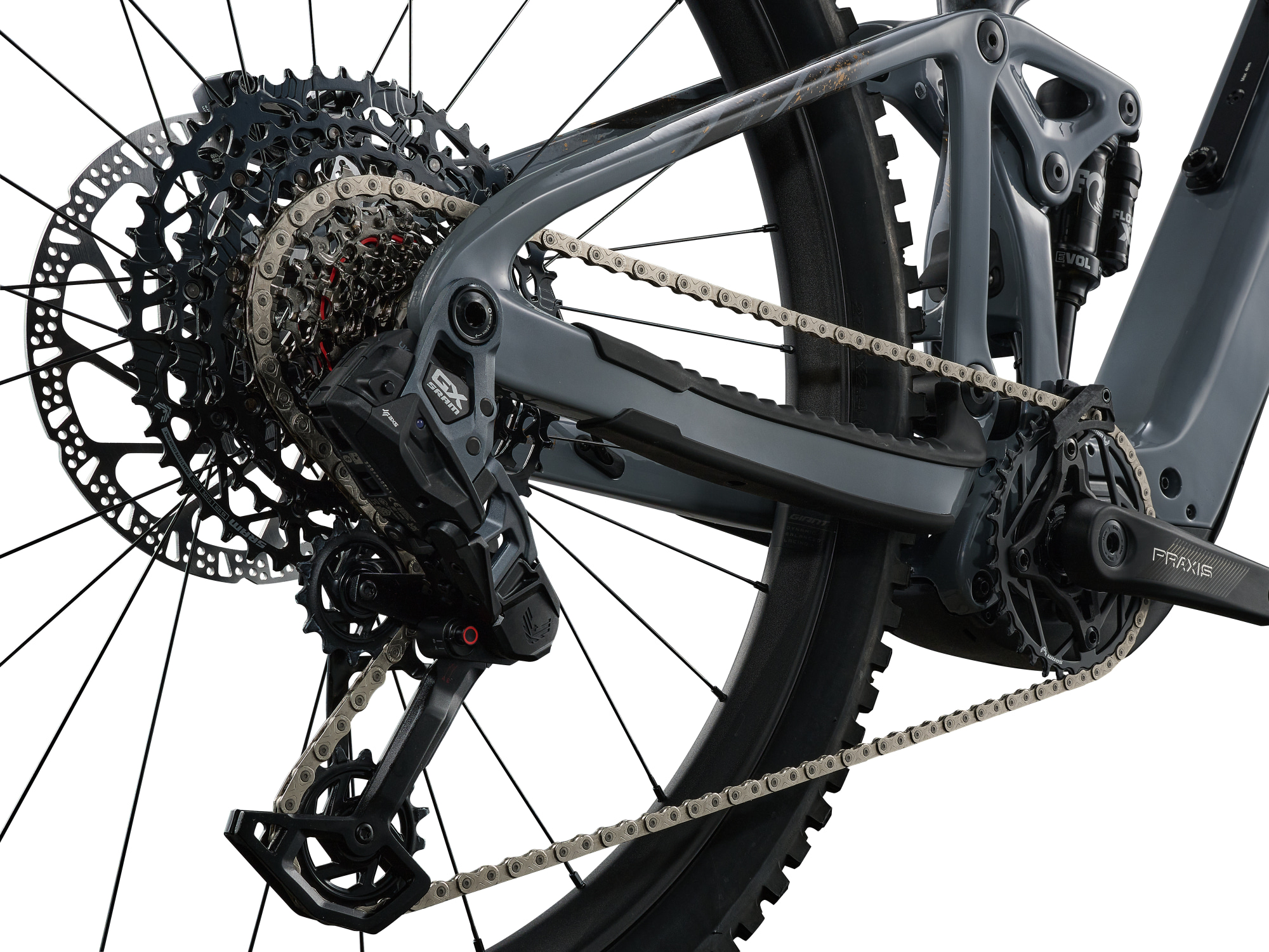 Liv Intrigue X Advanced E+ 1 E-Mountainbike in Stardust Grey mit SRAM GX Eagle Transmission.