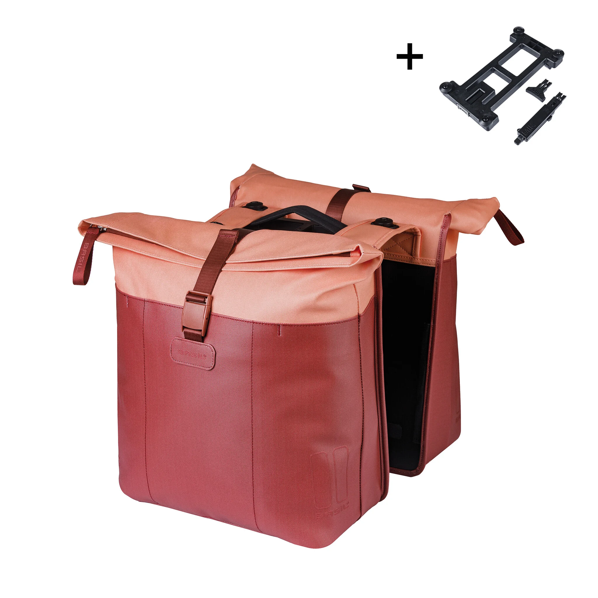 Basil Vive Doppelpacktasche in Burgund/Pink mit MIK-Adapterplatte, frontal schräg abgebildet.