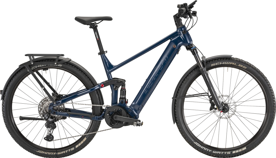 Bergstrom SUV‑9 E‑Bike in Dunkelblau mit Federgabel, Hinterradfederung und Gepäckträger.