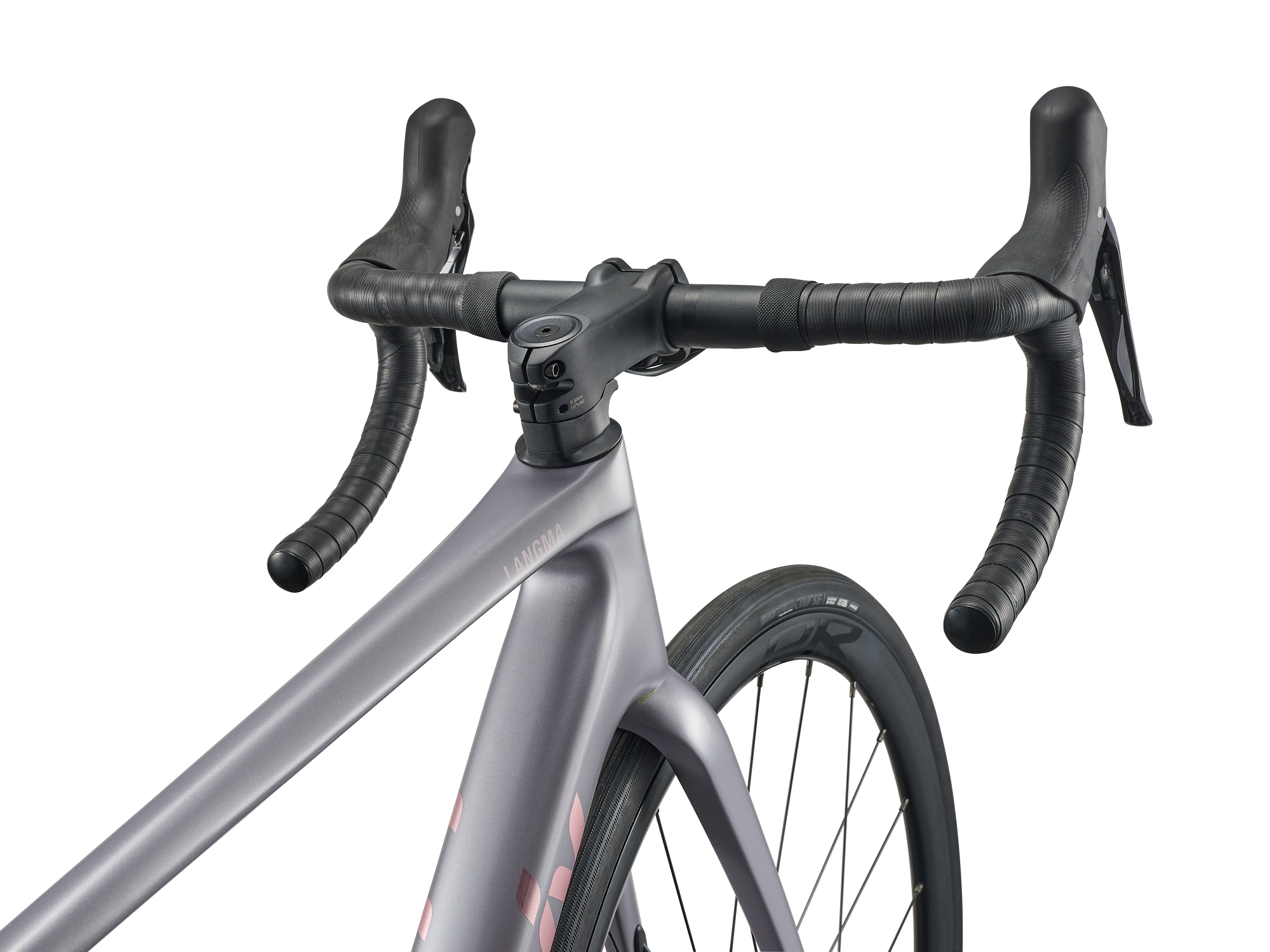 Liv Damen-Rennrad Langma Advanced 2 mit hellgrauem Carbon-Rahmen und Carbon-Gabel, Aufschrift bronze, Komponenten schwarz, Detailansicht Lenkereinheit und vorderer Rahmen Ansicht von schräg hinten