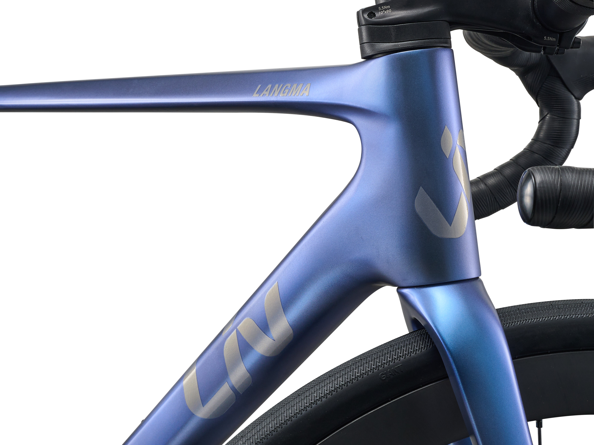 Liv Damen-Rennrad Langma Advance PRO 0 in Thundercloud blau mit Carbonrahmen und Carbongabel, Detailansicht Steuerkopf