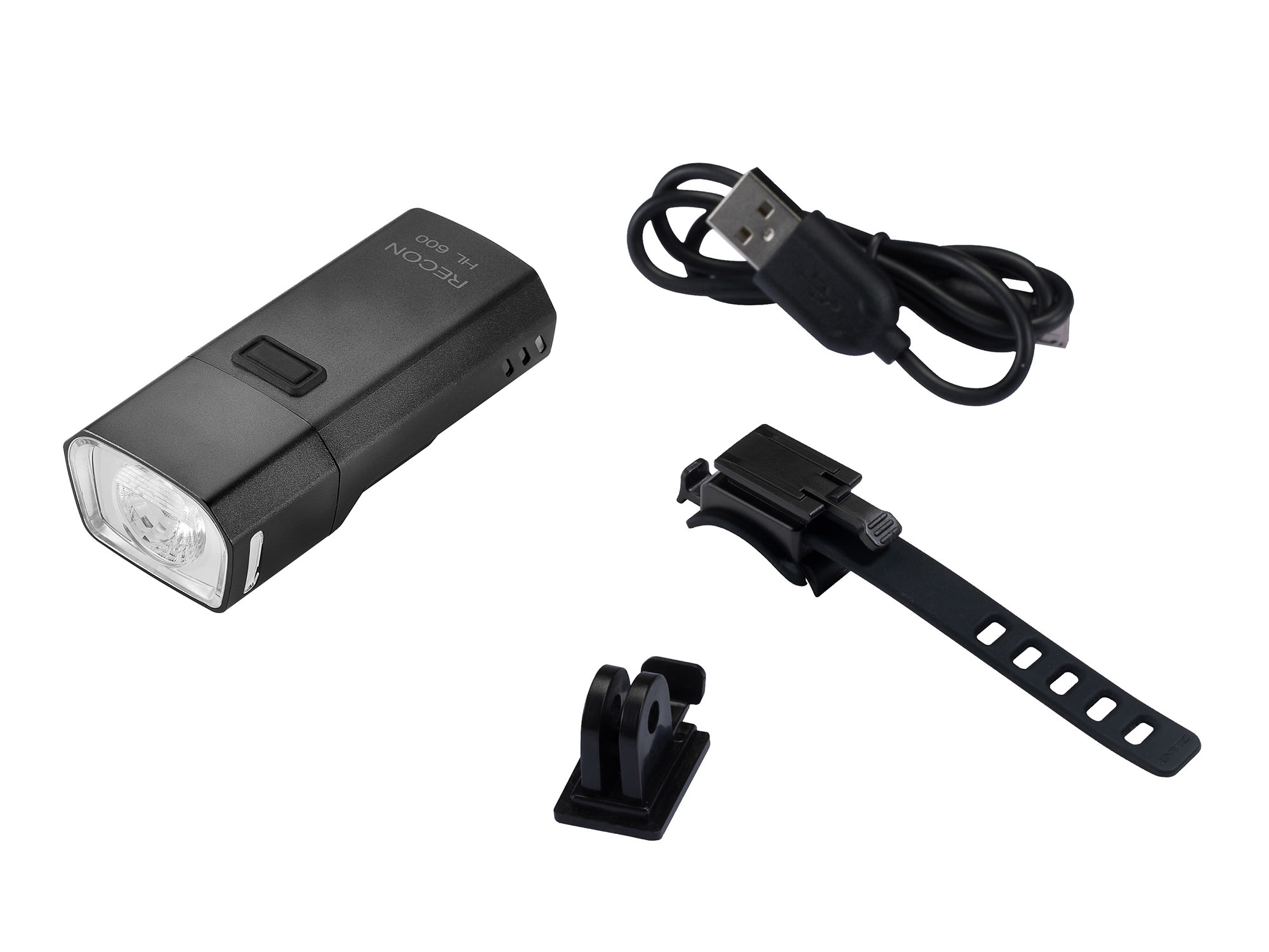 Lieferumfang der Giant Recon HL 600 – Frontlampe, USB-Ladekabel, verstellbare GoPro-Halterung und Befestigungsband für Lenker oder Helm.