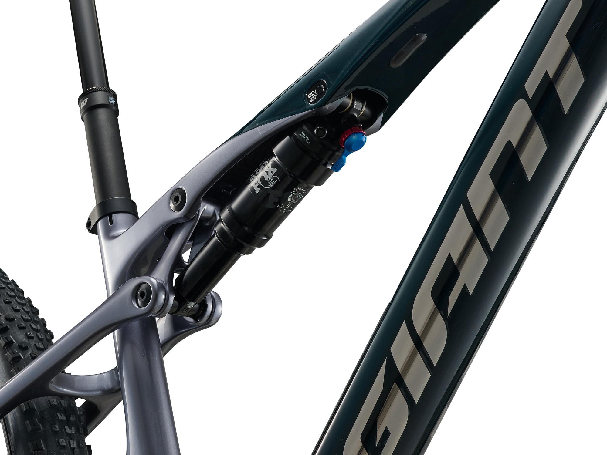Giant Anthem Advanced SL 2 Full-Suspension MTB aus Carbon in dunkelgründ-silber, Detailansicht mit Flexpoint Federsystem
