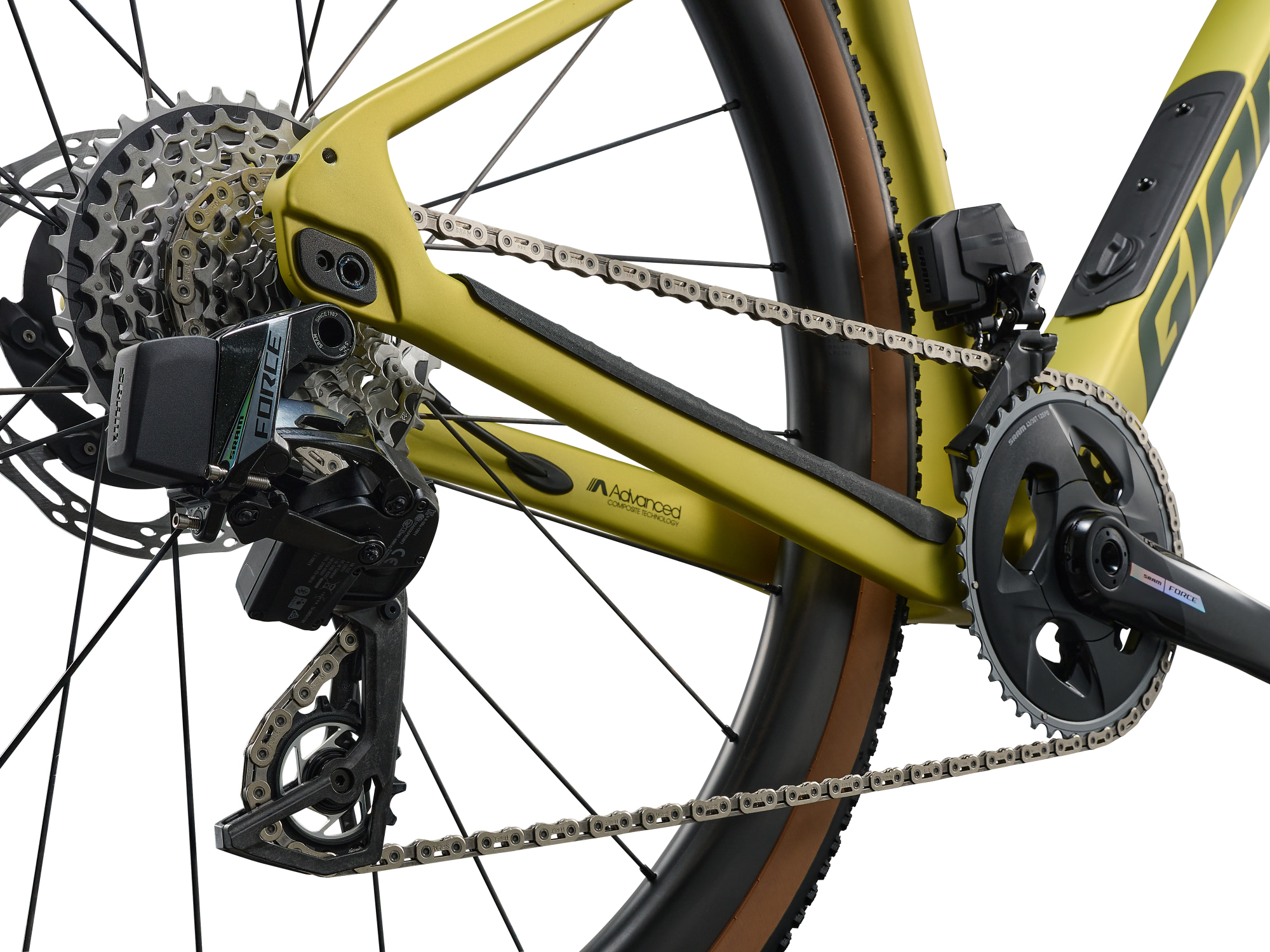 Giant Revolt Advanced PRO 0 Gravelbike aus Carbon in lime-grün, Detailansicht Hinterbau und Schaltung