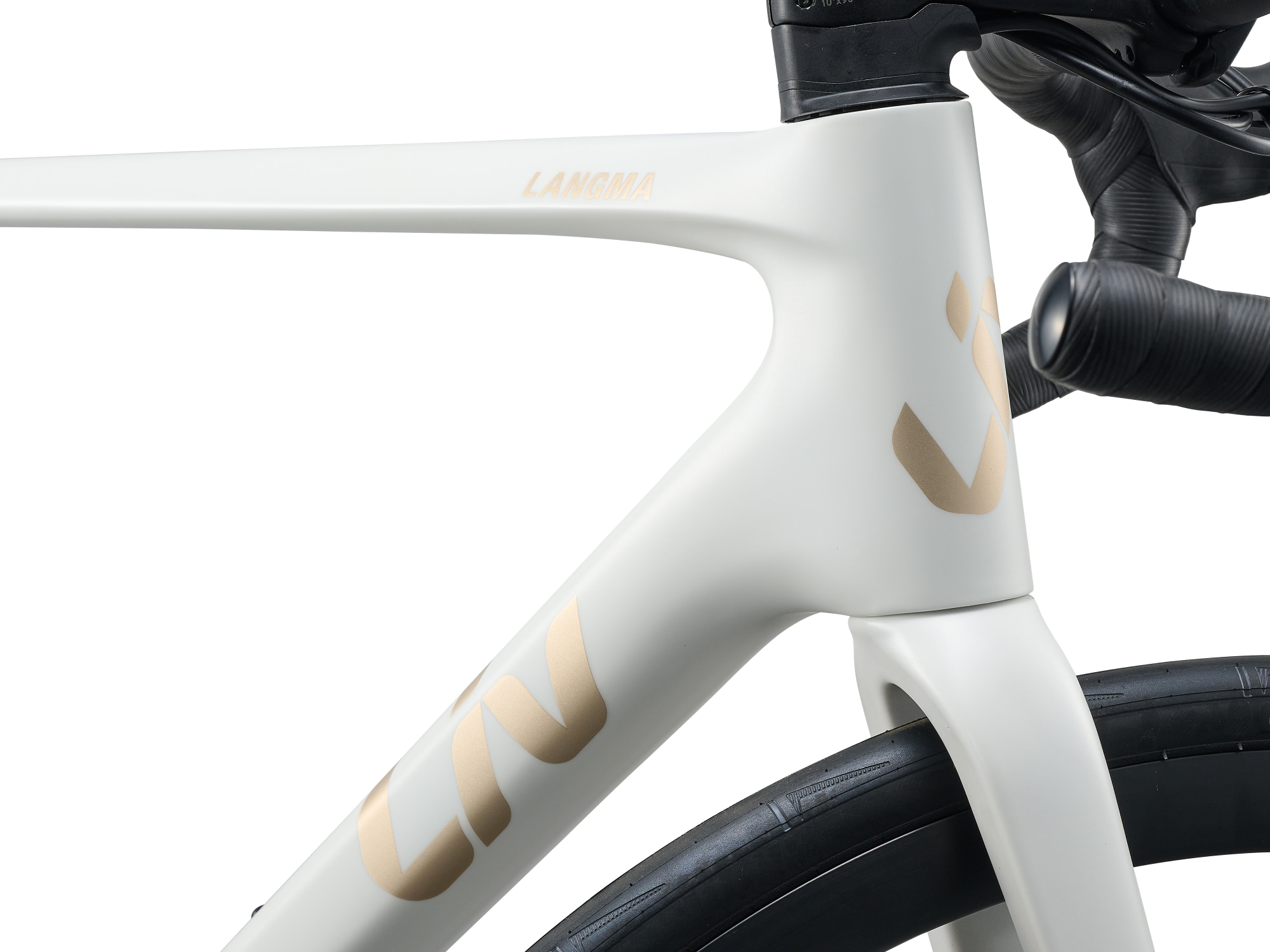 Liv Langma Advanced 2 Rennrad in QOM White mit integriertem Cockpit und ergonomischem Lenker.