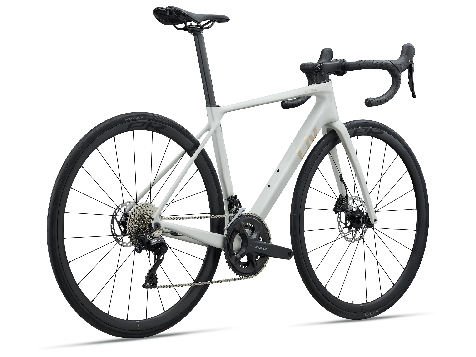 Liv Langma Advanced 2 Rennrad in QOM White mit Shimano 105 Antrieb und Carbonlaufrädern.