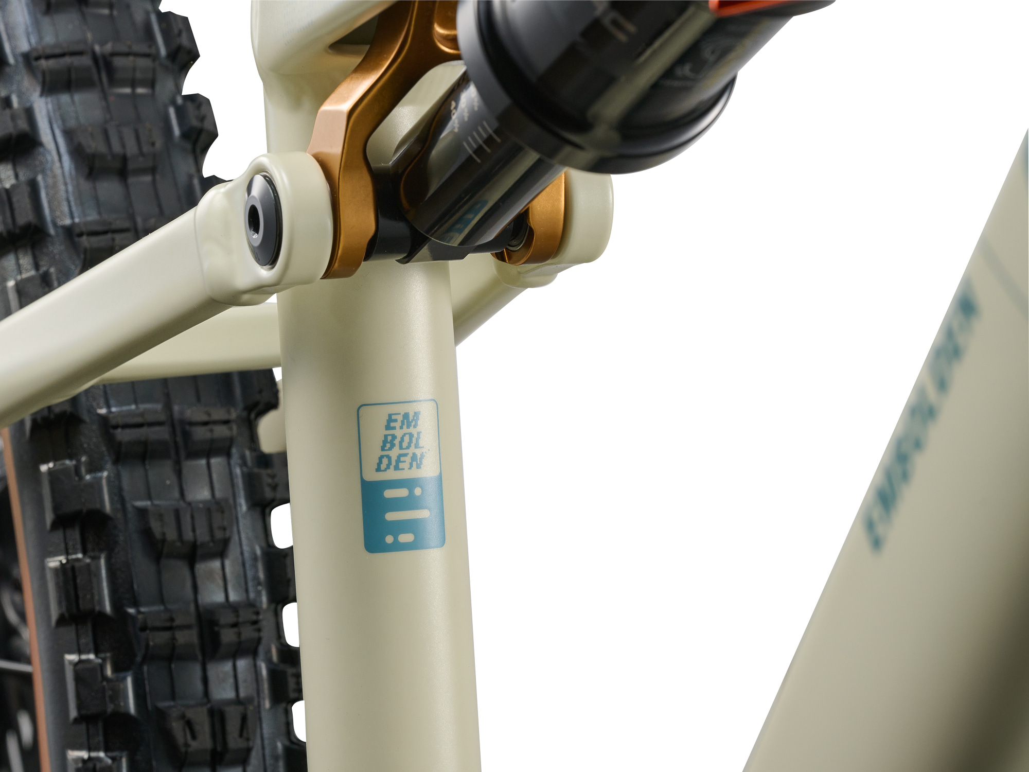 Liv Embolden Mountainbike in Pale Moss mit Hinterbaudämpfer und Sitzrohrdetail.