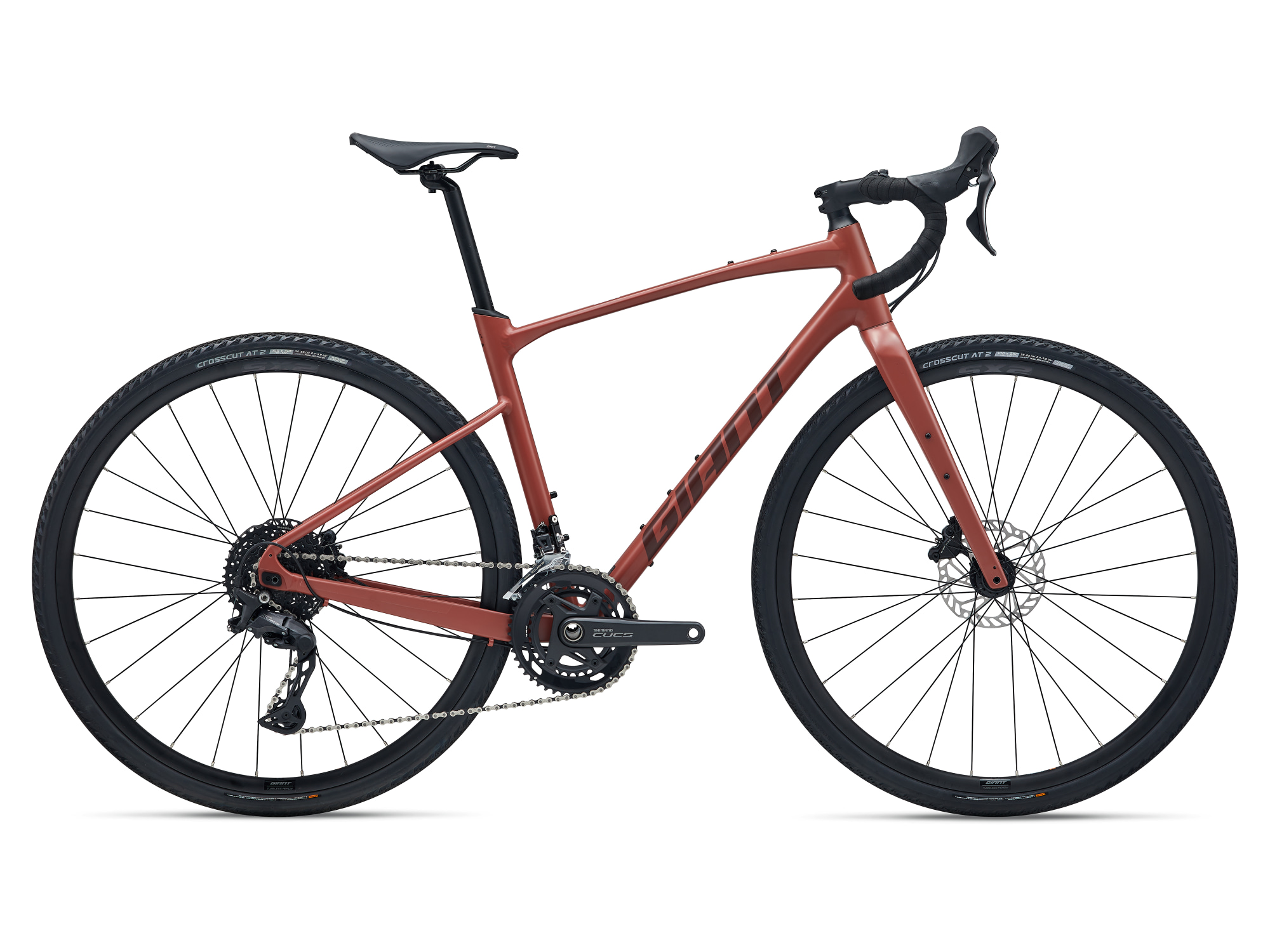 Giant Gravellbike, Modell Revolt 1 in curry-rot mit schwarzer Ausstattung und schwarzen Reifen, Seitenansicht
