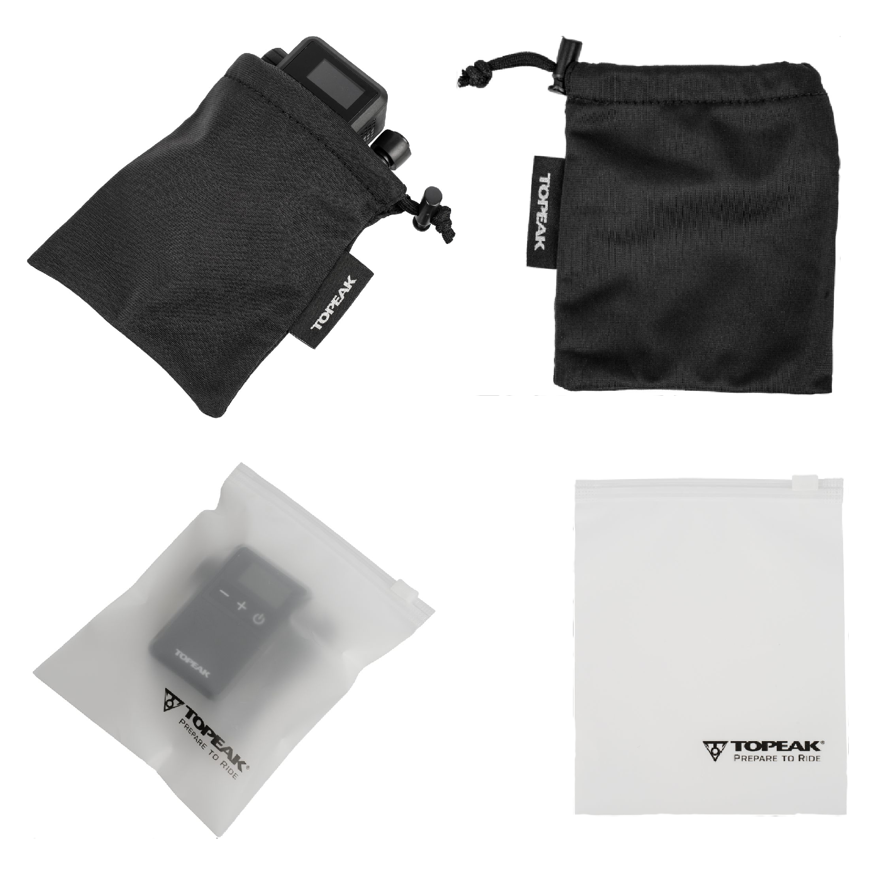 Topeak E-Booster Digital Mini Elektornische Fahrradpumpe, Collage mit Textiltasche und wasserdichtem Zipper