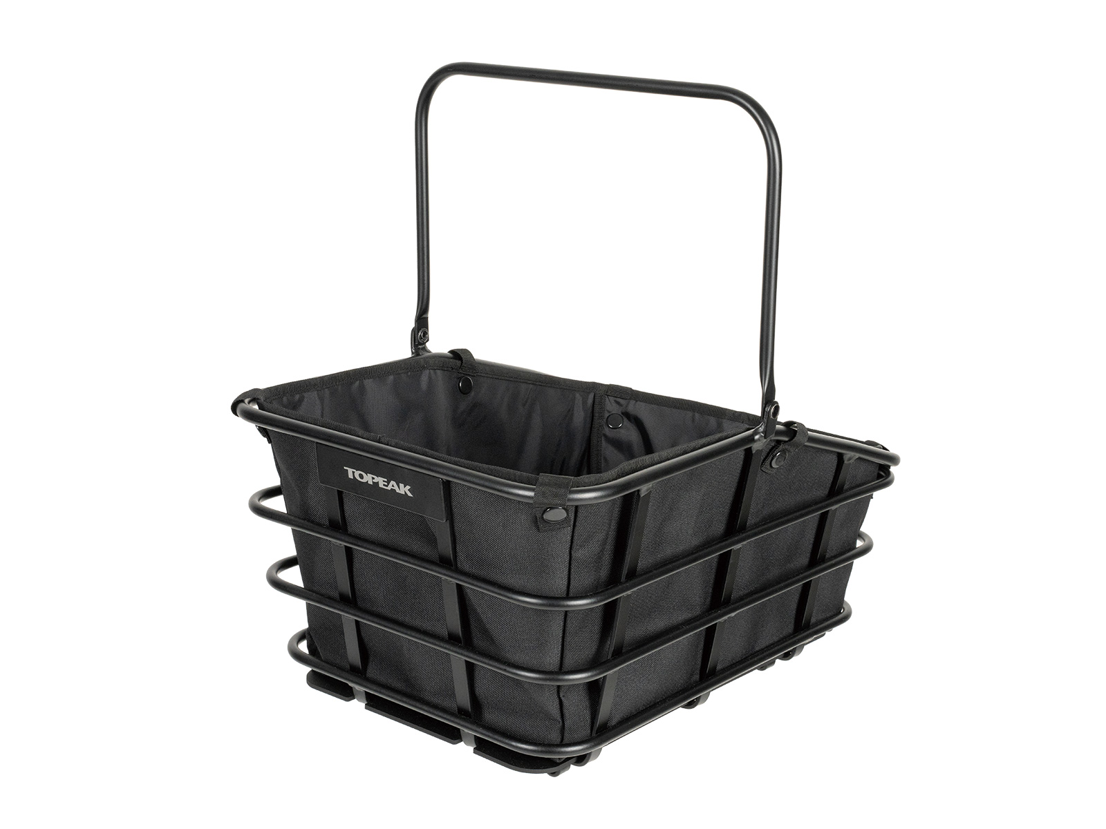 Topeak Urban Basket DX 22 Fahrradkorb in Schwarz mit Metallrahmen, hohem Tragegriff und gepolstertem Innenfutter.