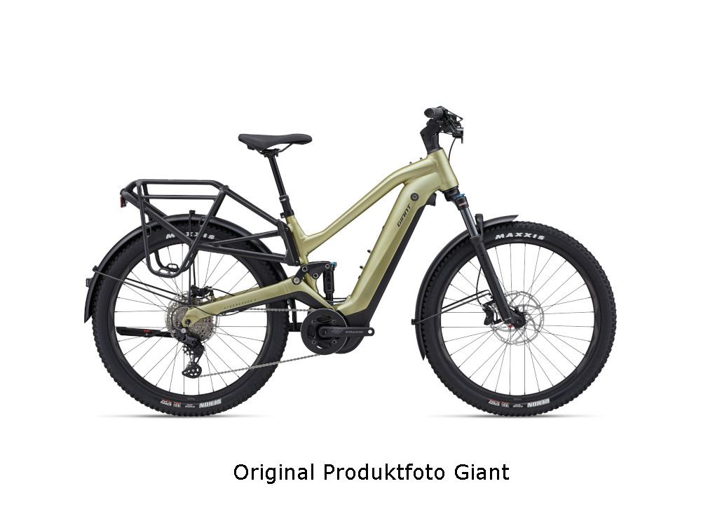 Giant Stormguard E+3 E‑Bike in Oliv mit Federgabel und integriertem Akku.