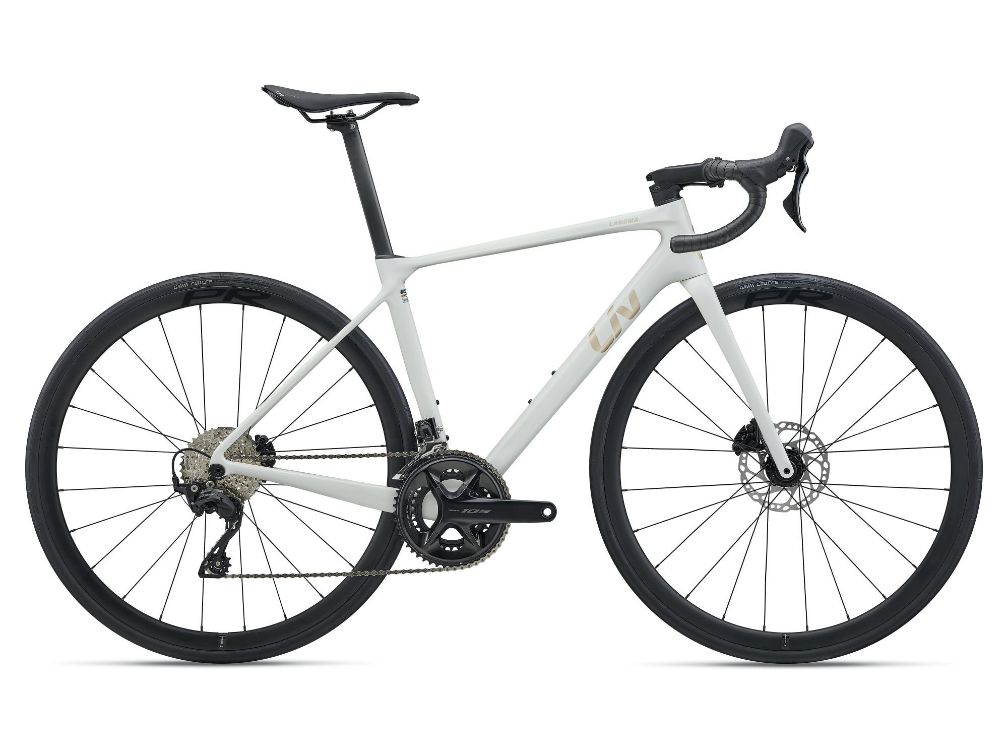Liv Langma Advanced 2 Rennrad in QOM White mit Carbonrahmen und Scheibenbremsen.