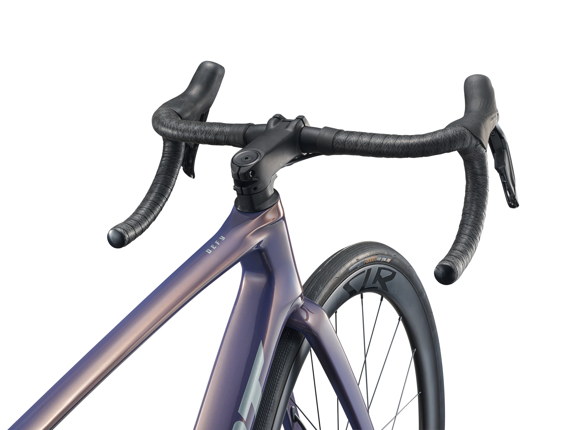 Rennrad der Marke Giant, Modell Defy Advanced 0 in dunkelaltrose metallic, Detailansicht Lenker und Steuereinheit