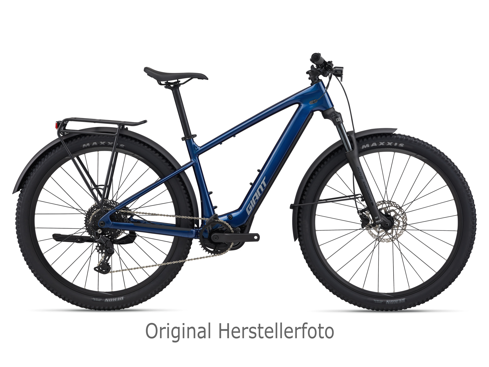Giant E-MTB Talon E+ EX Hardtail mit Gepäckträger, Schutzblechen und Beleuchtung in dunkelblau, Ansicht von der Seite