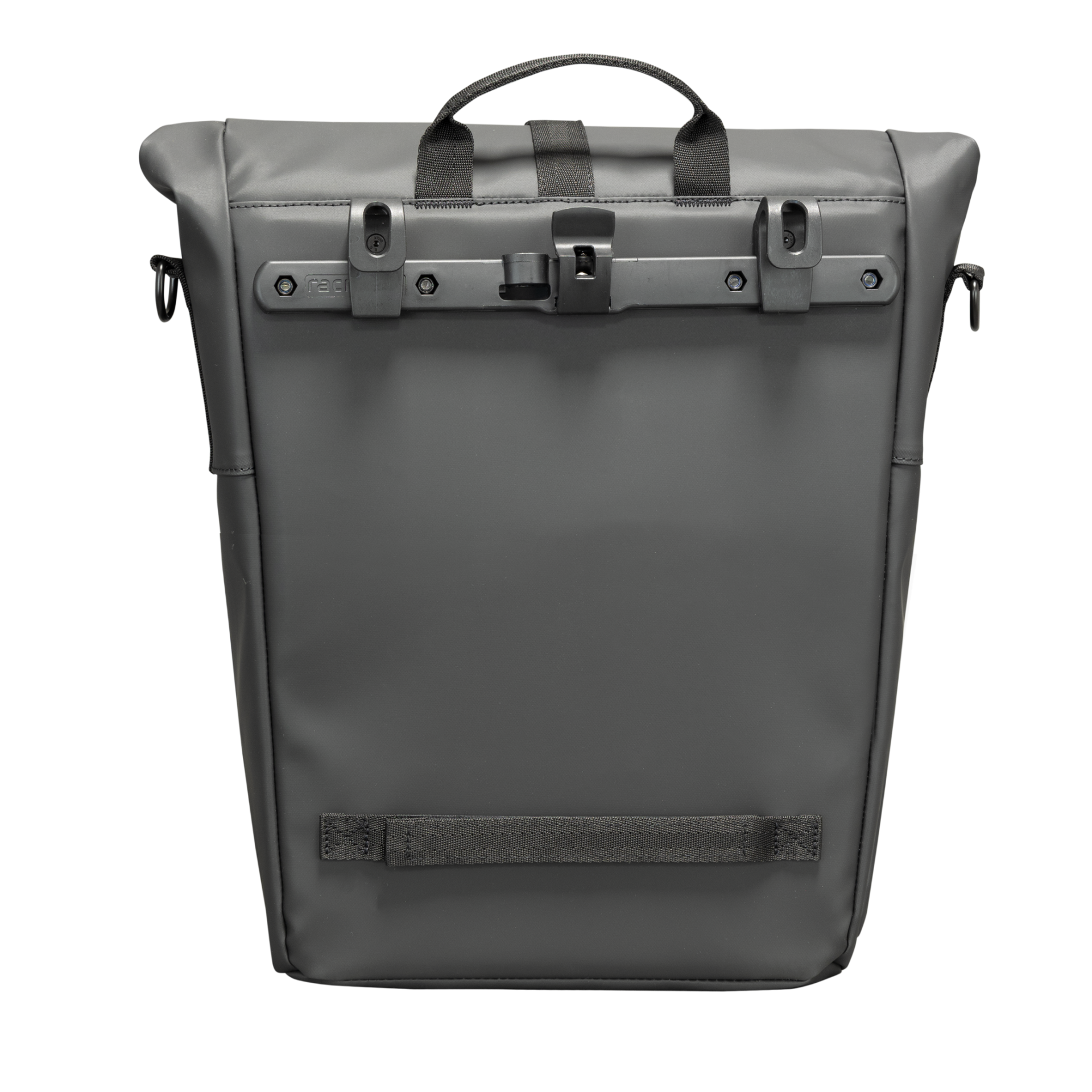 Racktime Jerry Gepaecktraegertasche in Schwarz, Rueckseite mit Befestigungsschiene und Tragegriff.