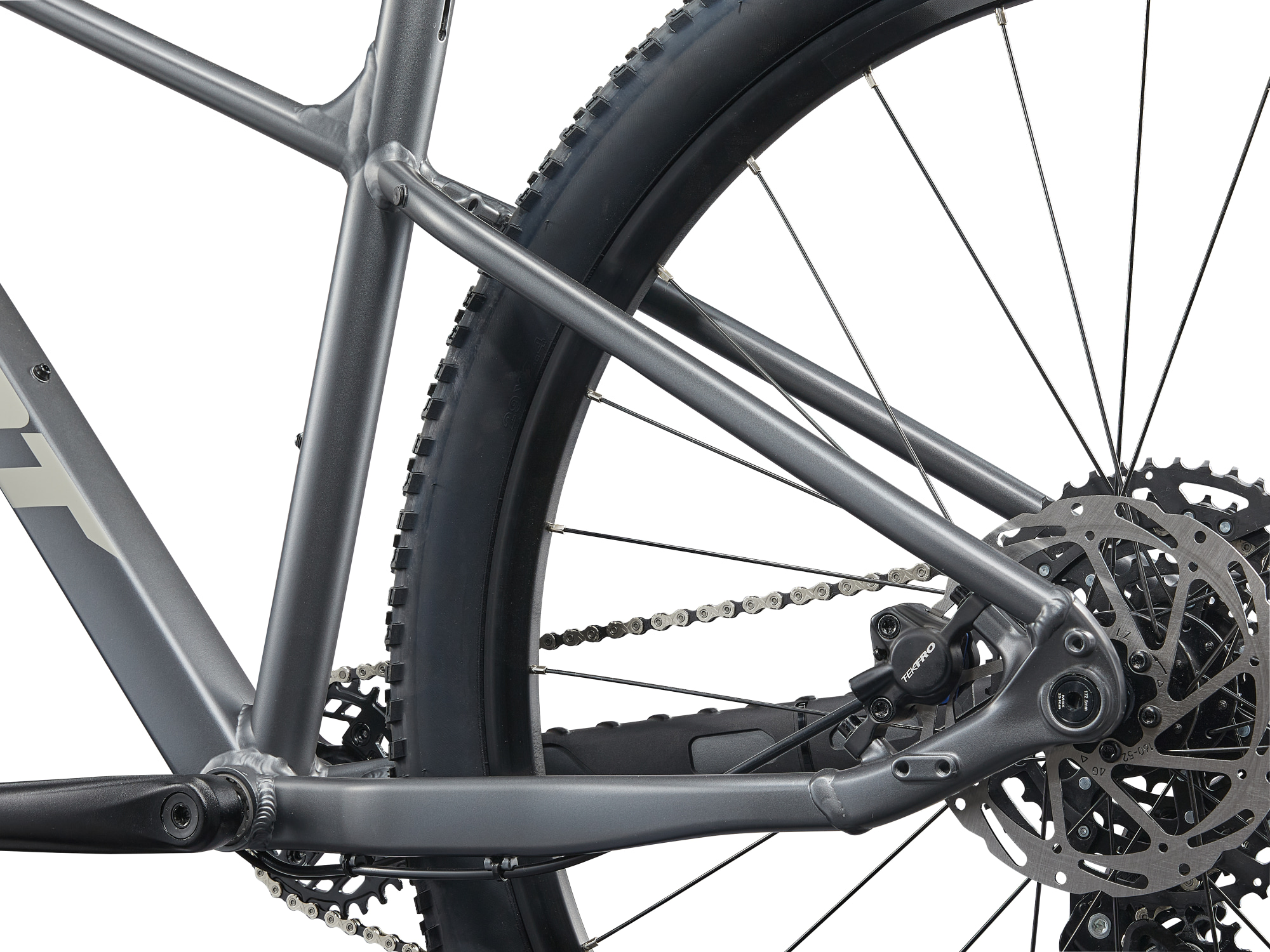 Giant Talon 1 Mountainbike Hardtail in anthrazit, Detailansicht Hinterbau mit Scheibenbremse