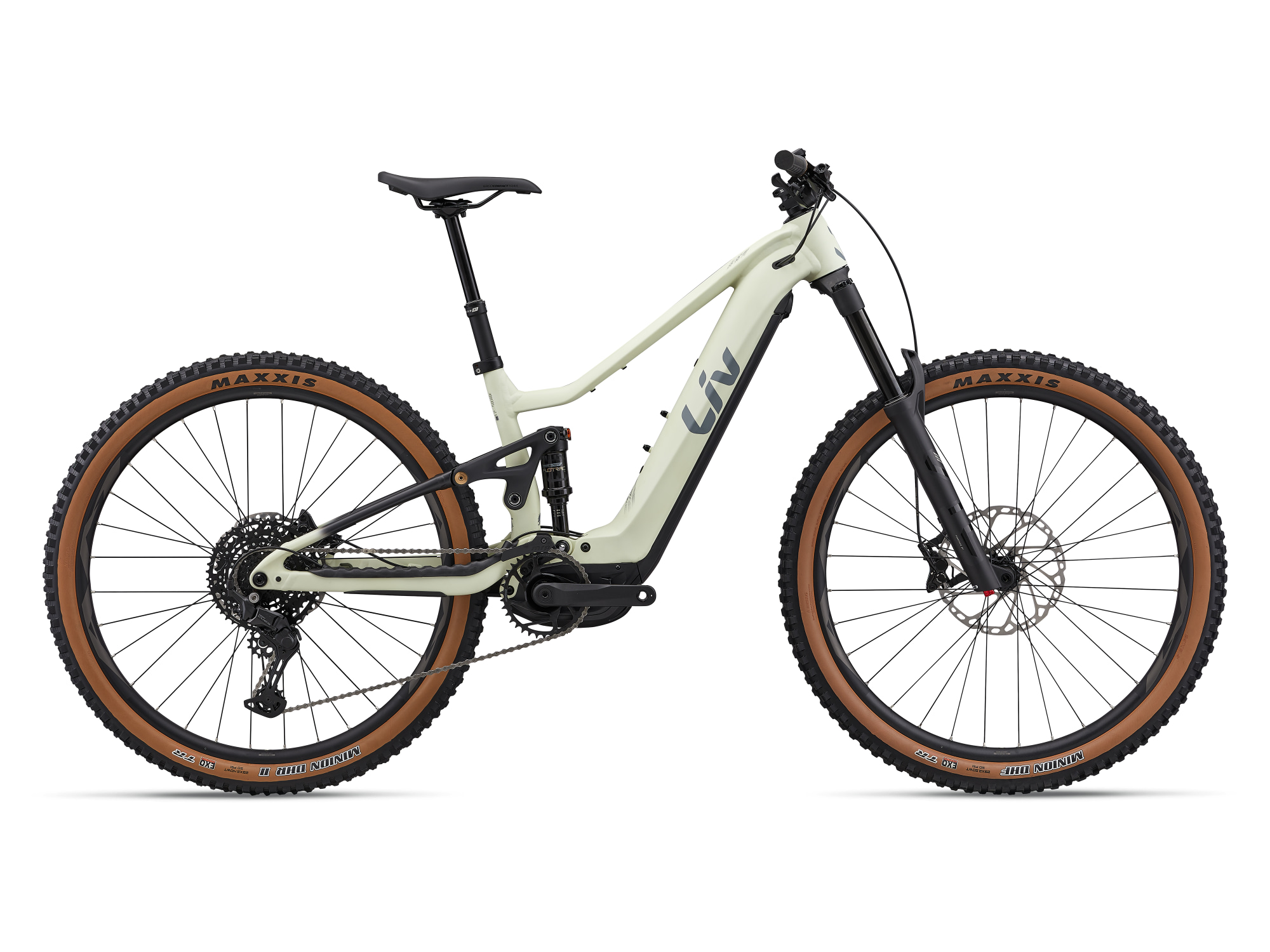 Liv Embolden E+ 1 E‑MTB in Pale Moss in kompletter Seitenansicht mit breiten Reifen.