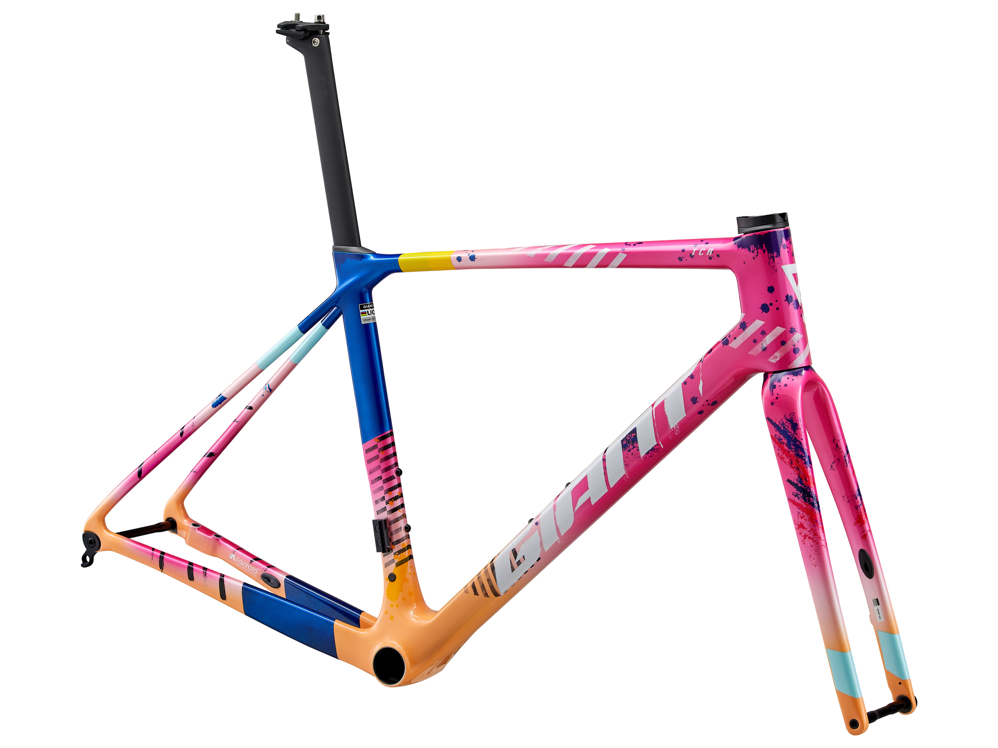 Cadre carbone Giant TCR Advanced PRO en orange-bleu-rose, vue trois-quarts avant droit