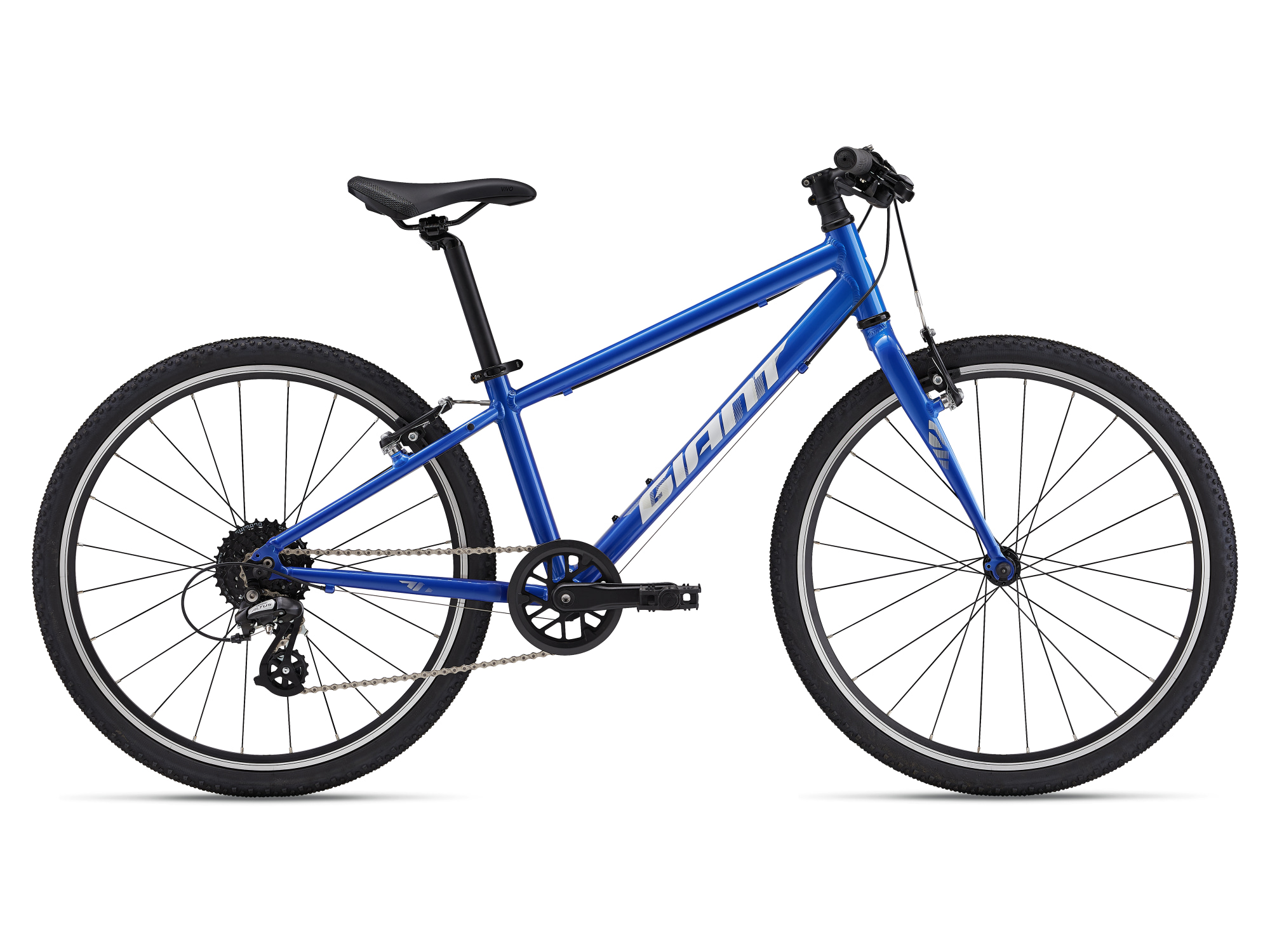 Giant ARX 20 Kinderfahrrad in Blau, Seitenansicht mit 24-Zoll-Laufrädern, leichtem Aluminiumrahmen und Shimano-Schaltung.