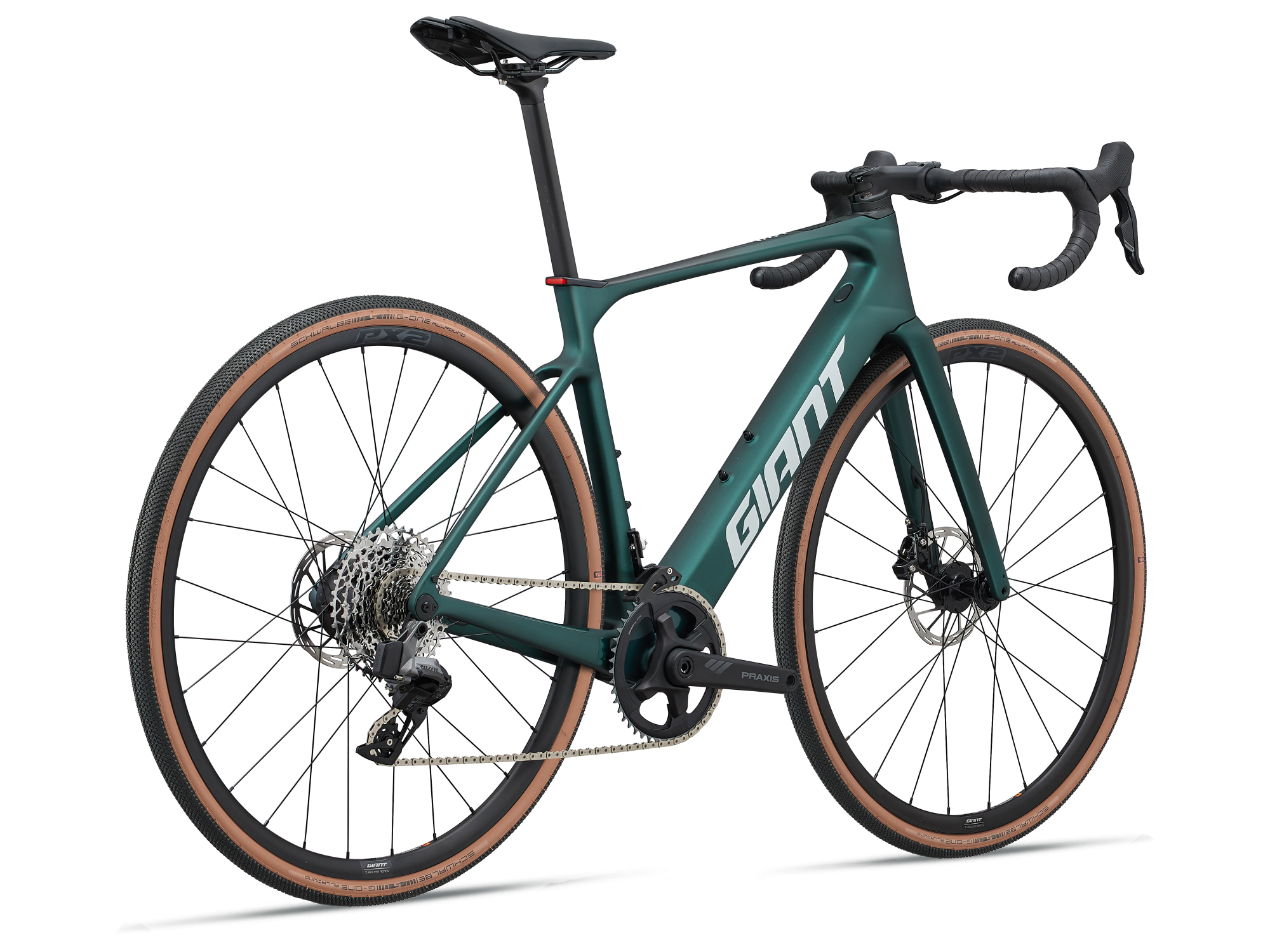 Vélo gravel électrique carbone Giant Defy Advanced E+ Elite AR en vert avec moteur SyncDrive, vue trois quarts arrière droit