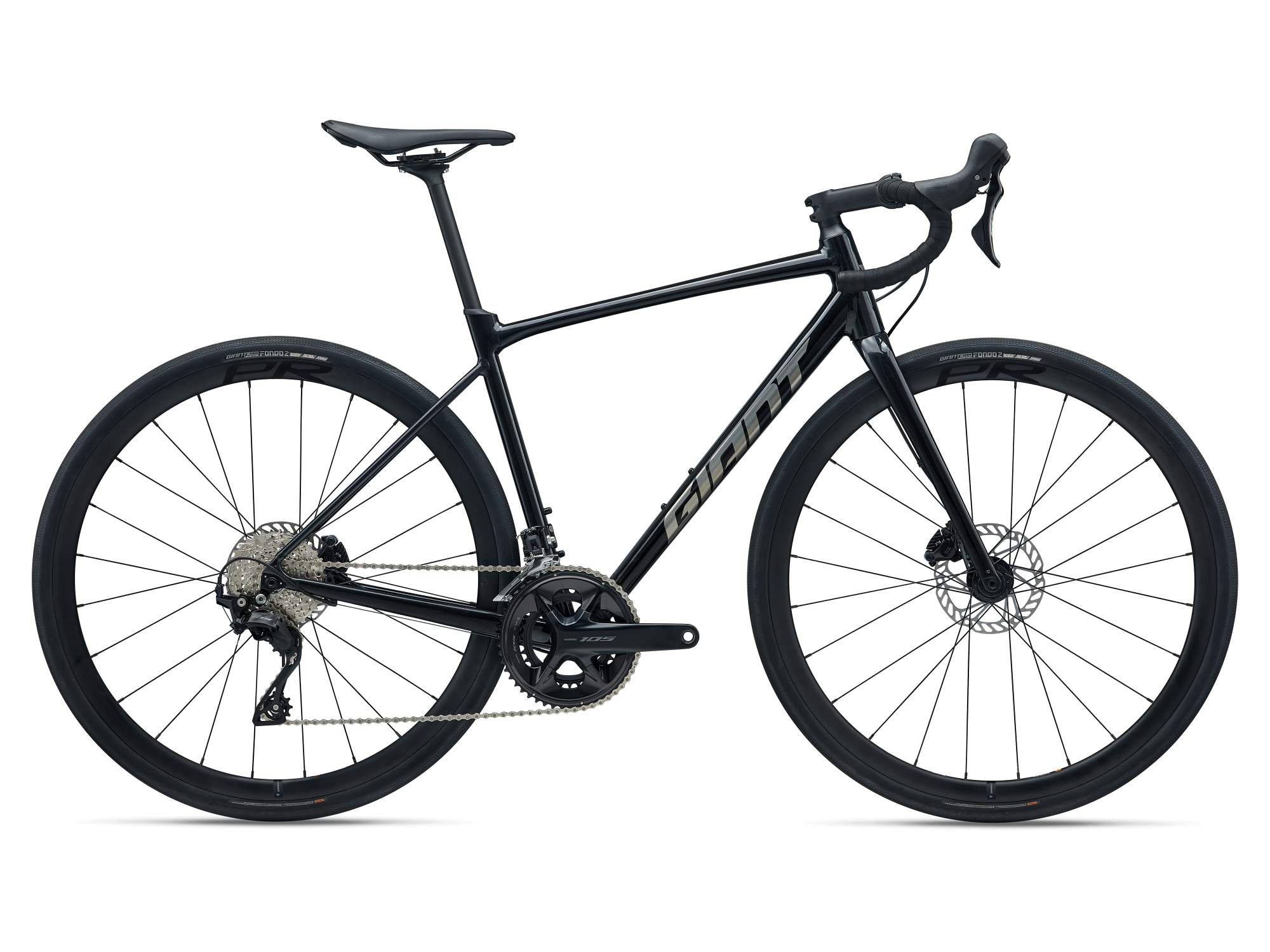 Schwarzes Giant Rennvelo Modell Contend AR von der Seite mit Shimano 105 Komponenten