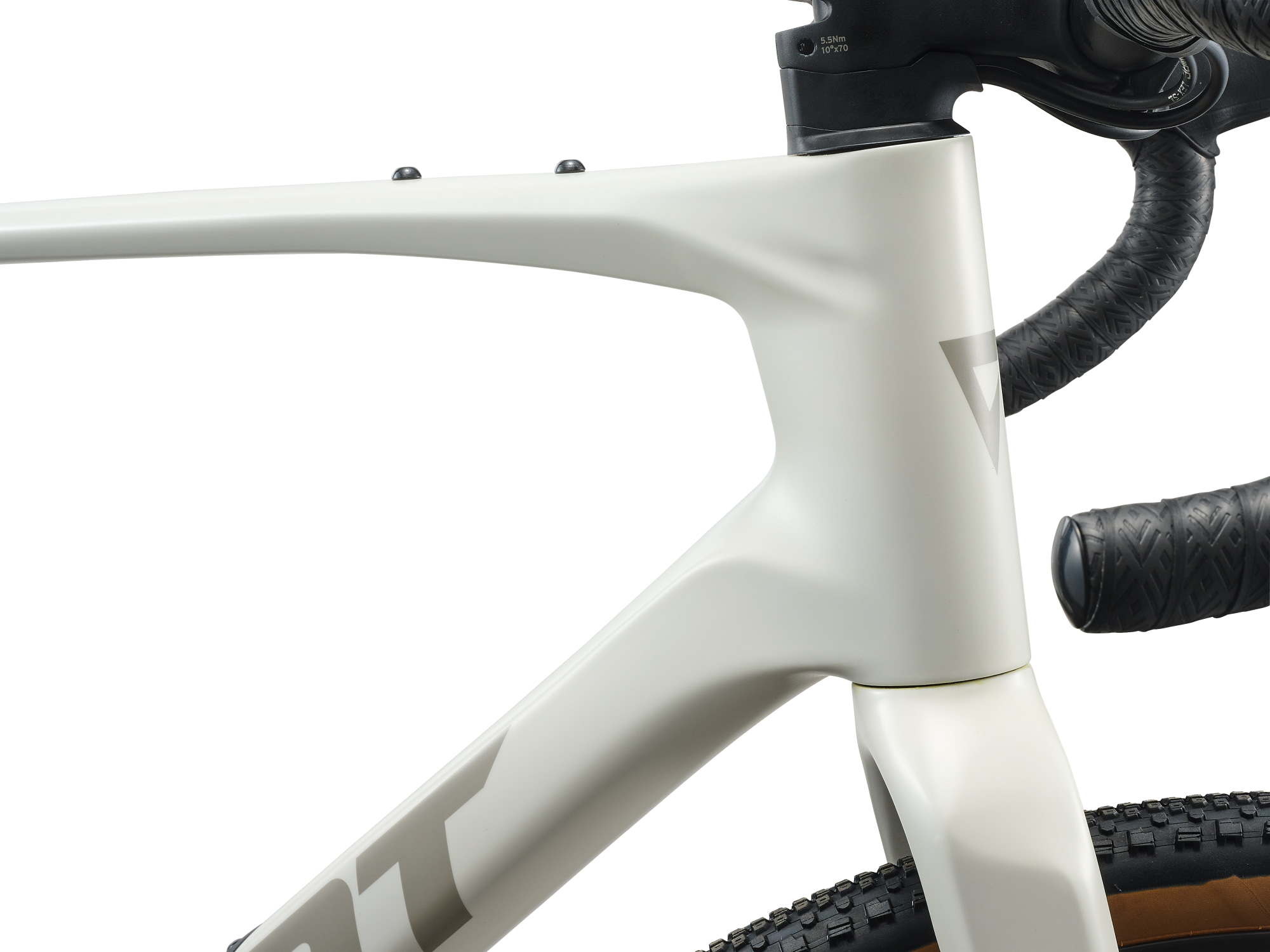 Gravelbike Giant Revolt Advanced 0 in weiss, Carbonrahmen und Gabel, Detailansicht Lenkkopf